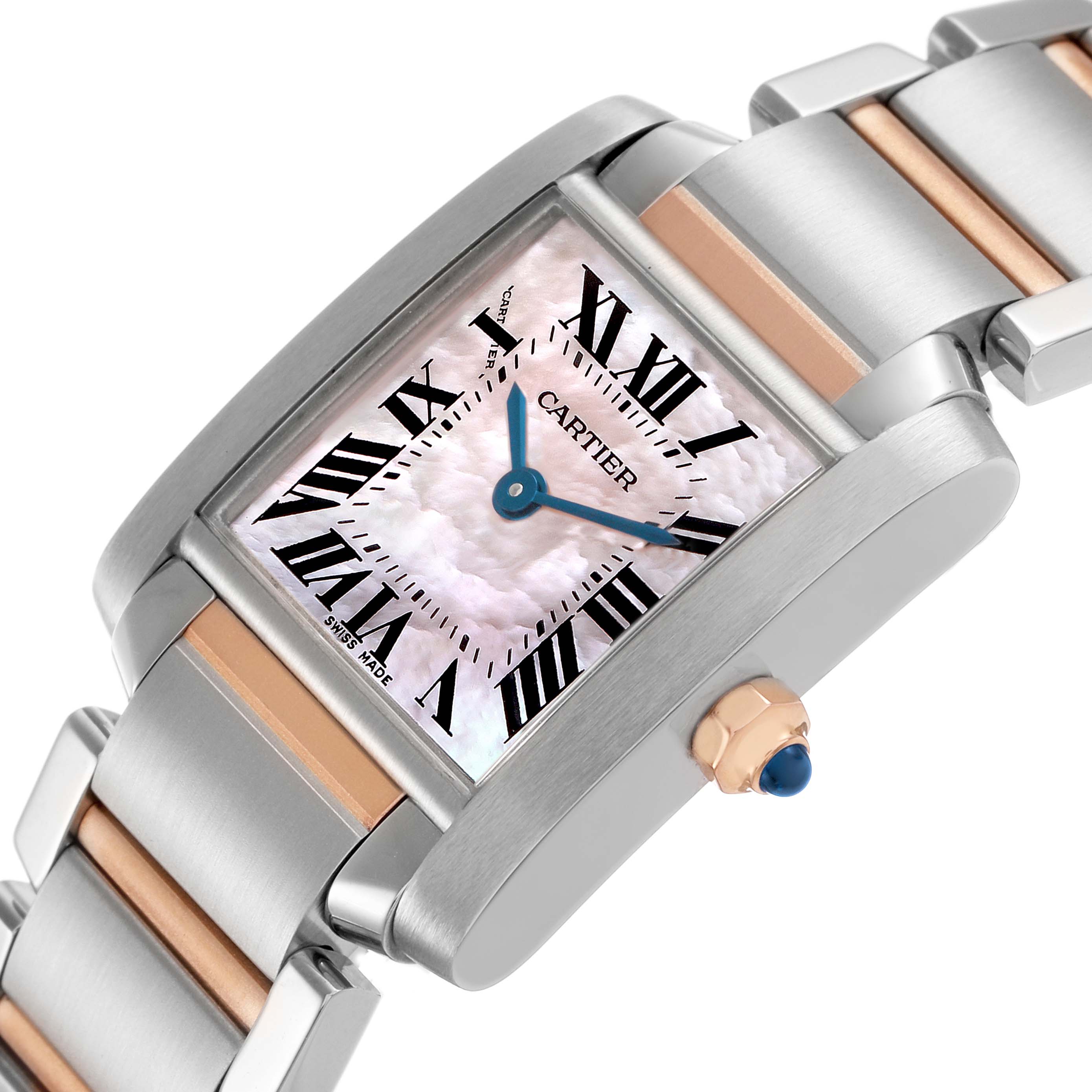 The Cartier Tank Française watch is shown at an angled top view, highlighting the dial, crown, and two-tone metal bracelet.