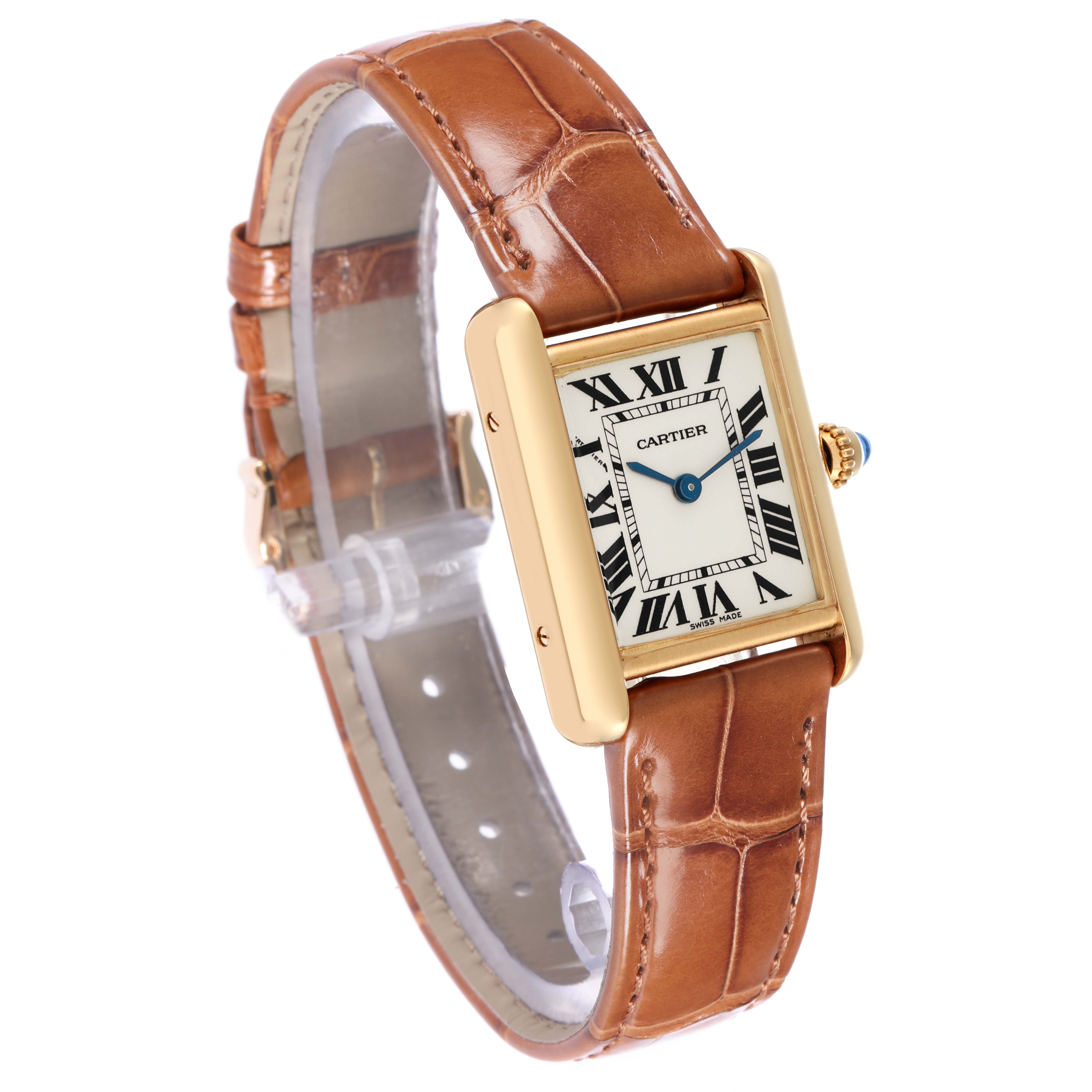 The Cartier Tank Louis W1529856 Women
s Yellow Gold Silver Dial watch is shown at an angle highlighting its face, leather strap, and signature blue crown.