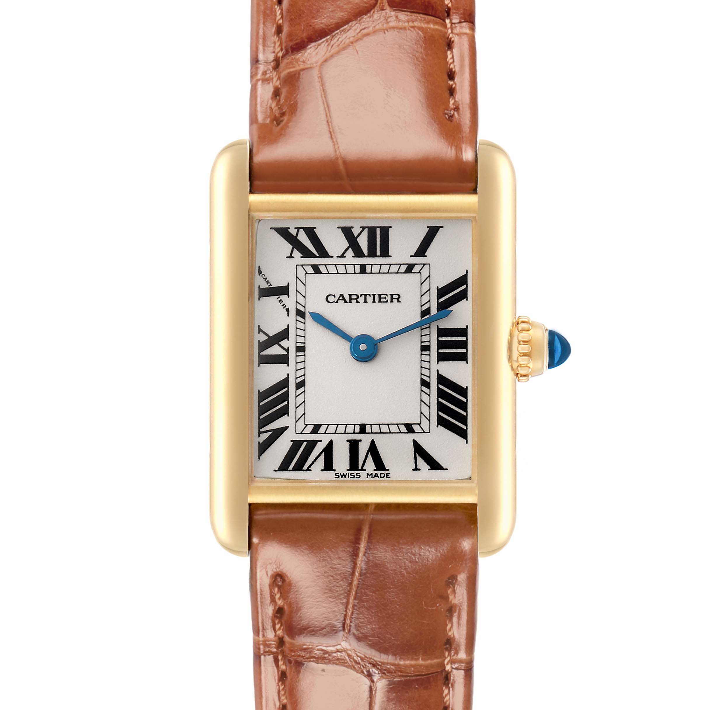 The Cartier Tank Louis W1529856 Women
s Yellow Gold Silver Dial watch is shown from the front, displaying the face with Roman numerals and brown leather strap.