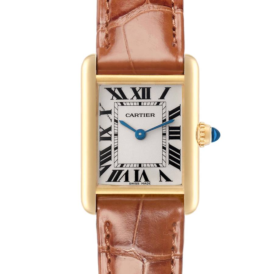 The watch is shown from a top-down angle, highlighting the rectangular face, Roman numerals, and the leather strap of the Cartier Tank Louis model W1529856.