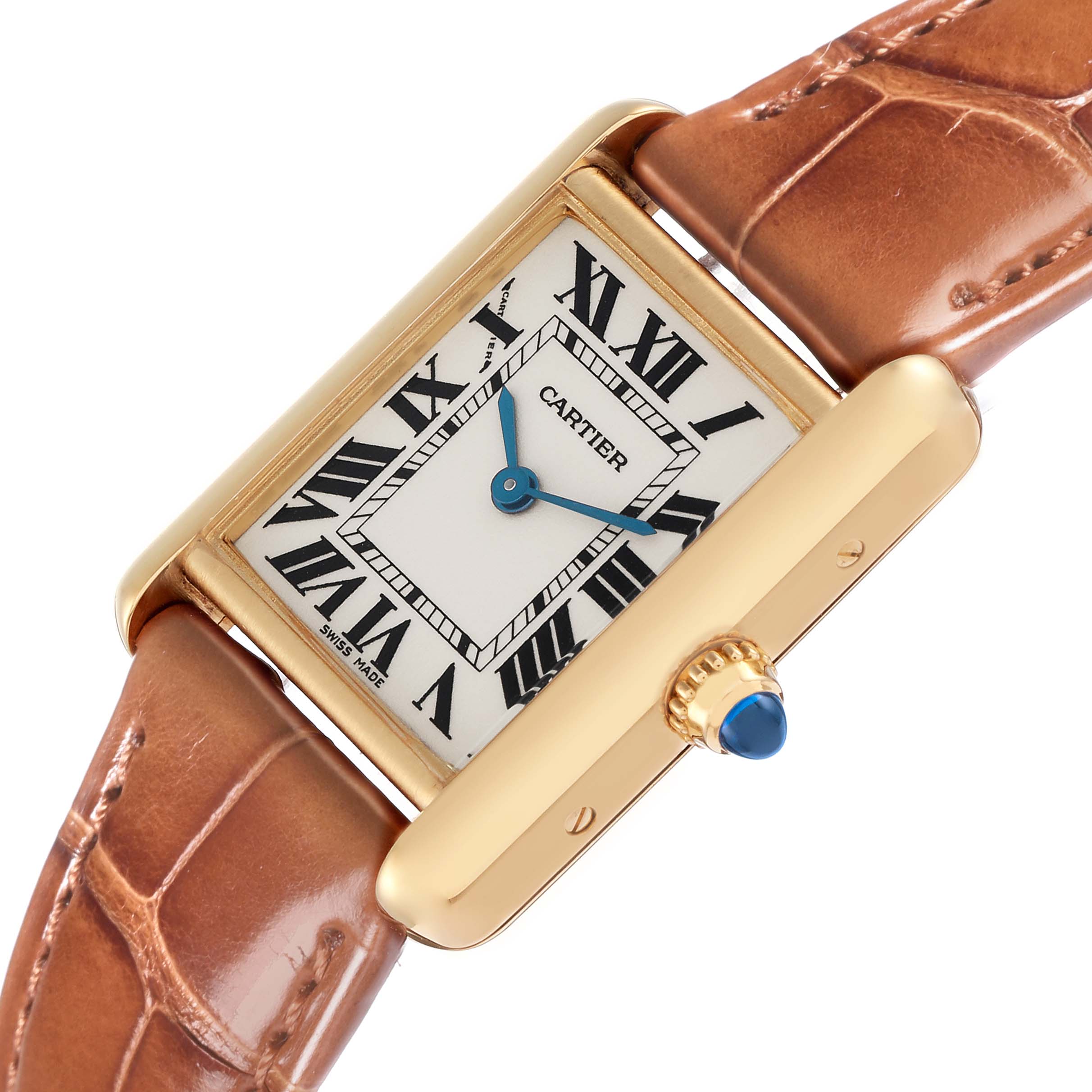 The Cartier Tank Louis W1529856 Women
s Yellow Gold Silver Dial watch is shown at a slight angle, highlighting the face, Roman numerals, case, crown, and leather strap.