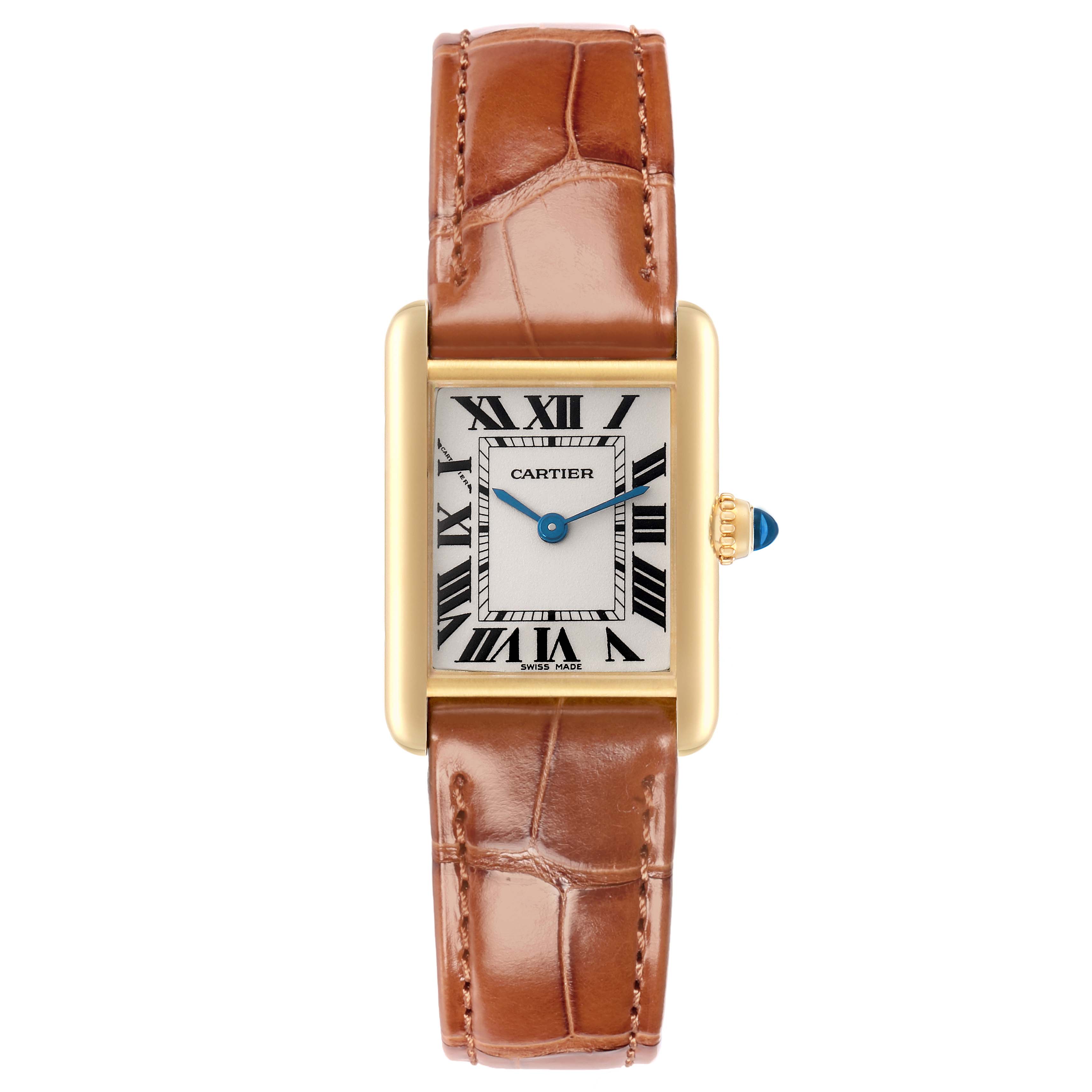 The Cartier Tank Louis W1529856 Women
s Yellow Gold Silver Dial model is shown from the front, displaying its face, brown leather strap, and crown.