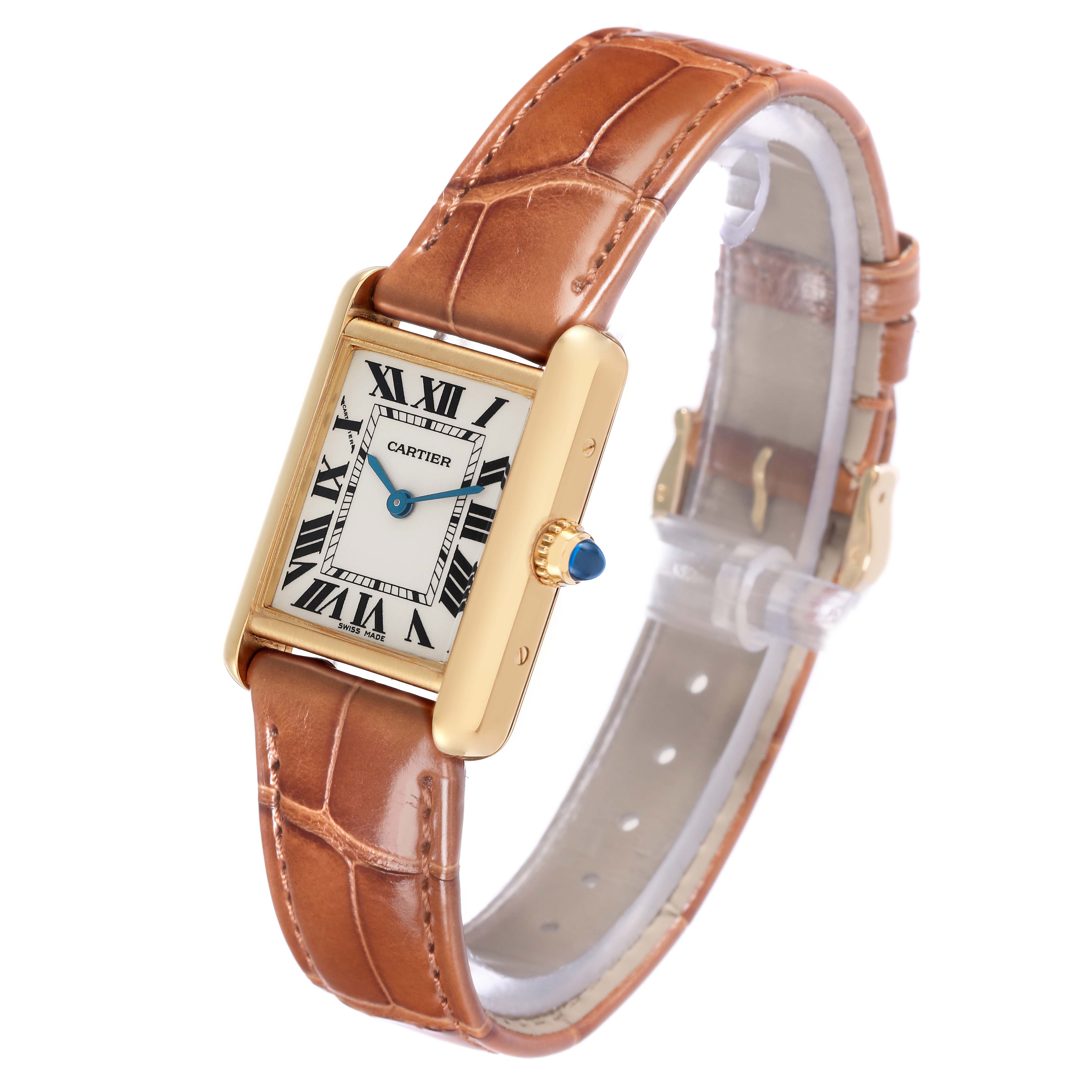 The Cartier Tank Louis W1529856 Women
s Yellow Gold Silver Dial watch is shown at a three-quarter angle, displaying the face, crown, and brown leather strap.