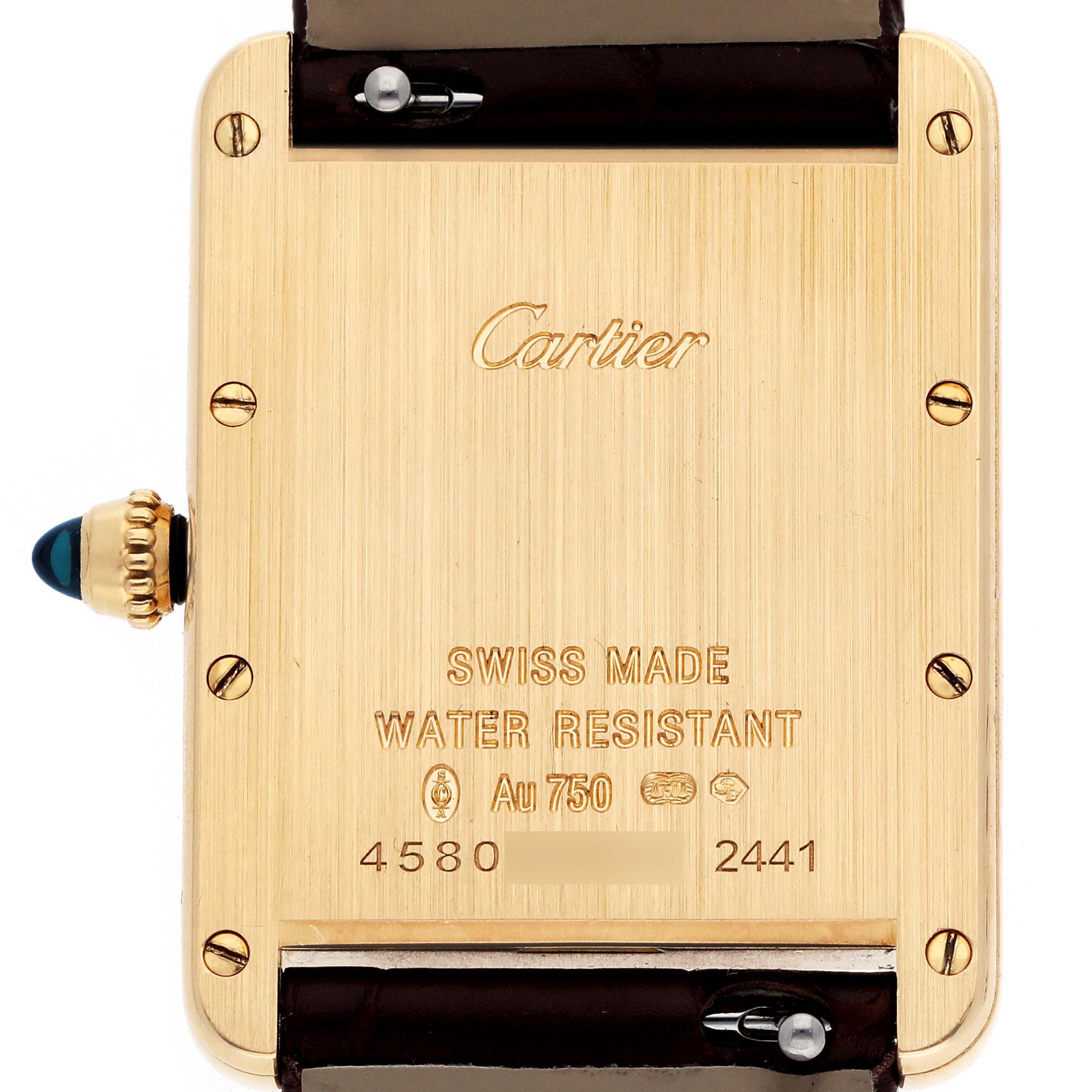 The image shows the back of the Cartier Tank Louis W1529756 Men
s Yellow Gold Silver Dial watch, highlighting engravings and the crown with a blue cabochon.