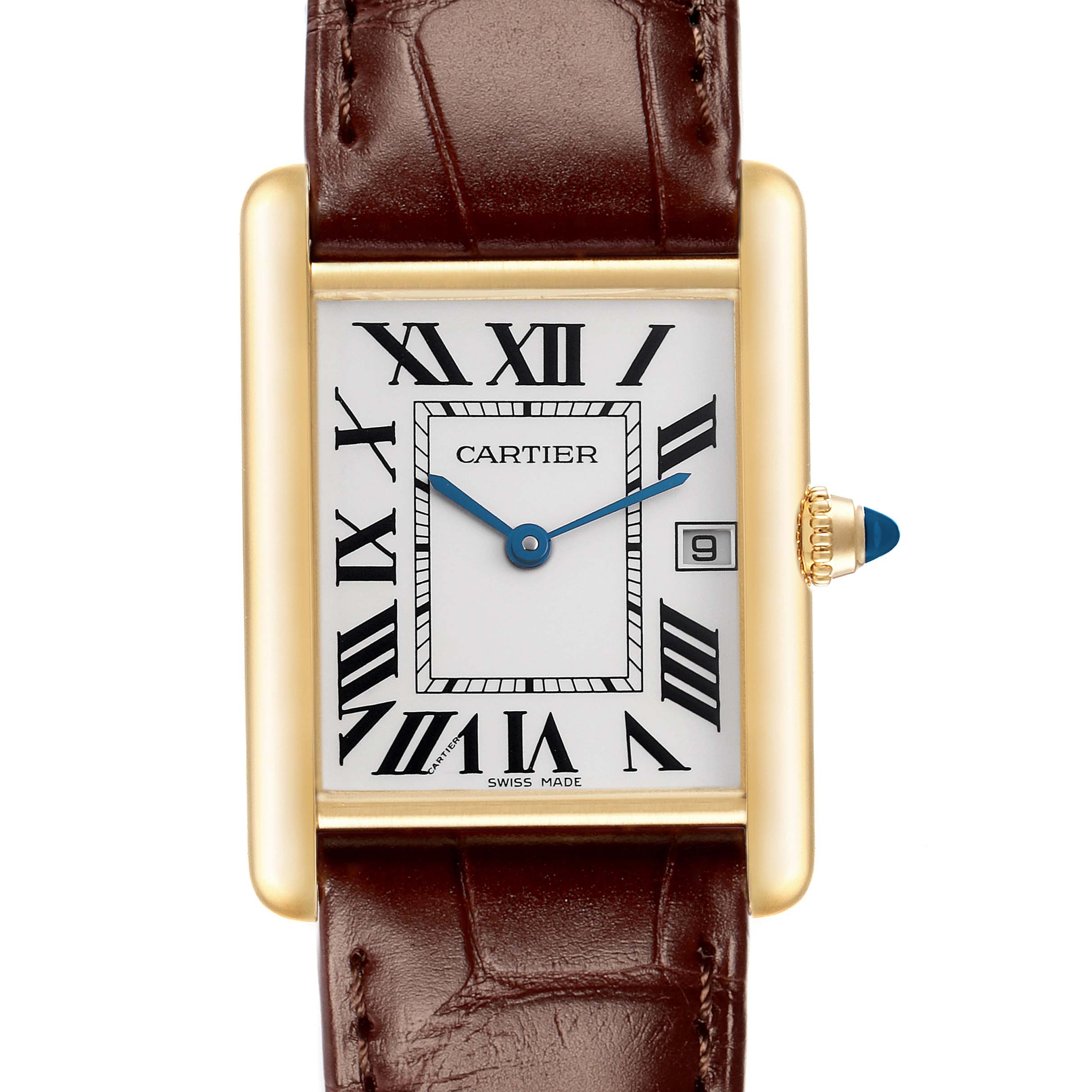 The image shows a front view of the Cartier Tank Louis W1529756 Men
s Yellow Gold Silver Dial watch, featuring the face, Roman numerals, and a brown leather strap.