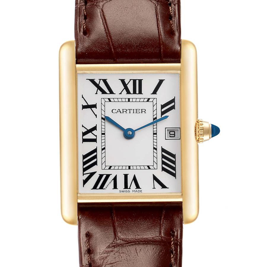 The Cartier Tank Louis, model W1529756, is shown from a top-down angle, displaying its rectangular case, Roman numeral dial, date window, and leather strap.