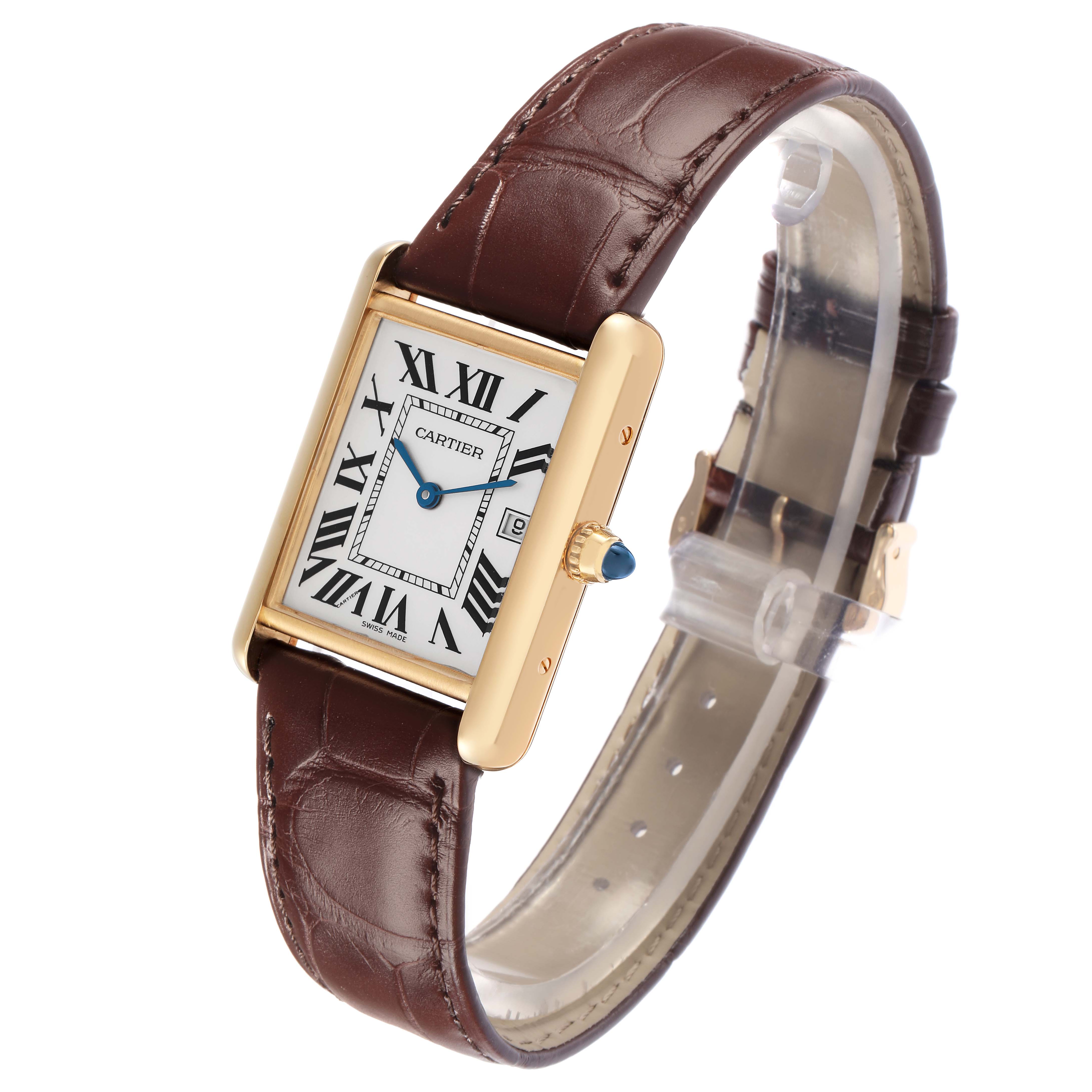 The Cartier Tank Louis W1529756 Men
s Yellow Gold Silver Dial watch is shown at a three-quarter angle, displaying its brown leather strap, rectangular gold case, and Roman numeral dial.