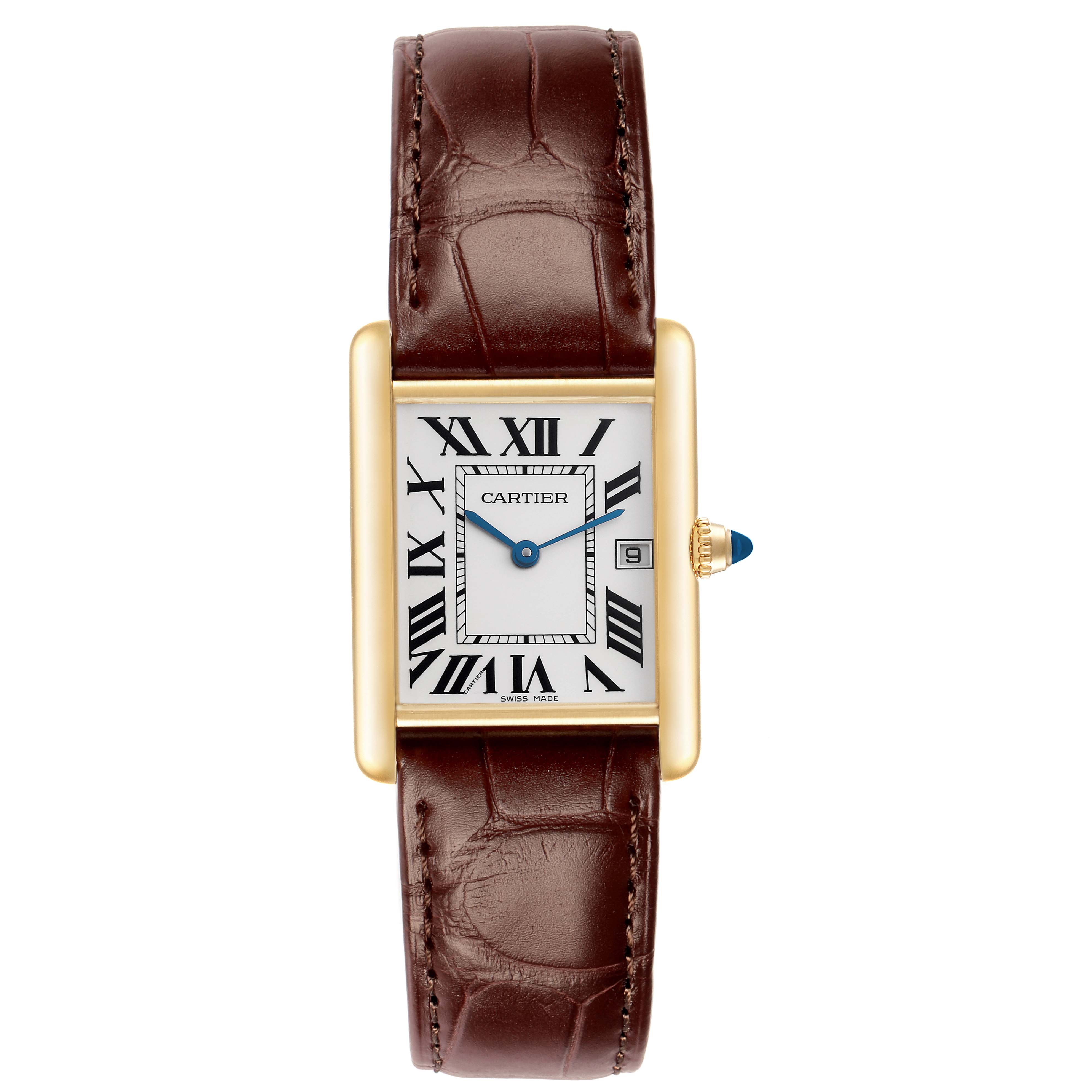 The Cartier Tank Louis W1529756 Men
s Yellow Gold Silver Dial watch is shown from a top-down angle, highlighting its rectangular face, leather strap, and crown.