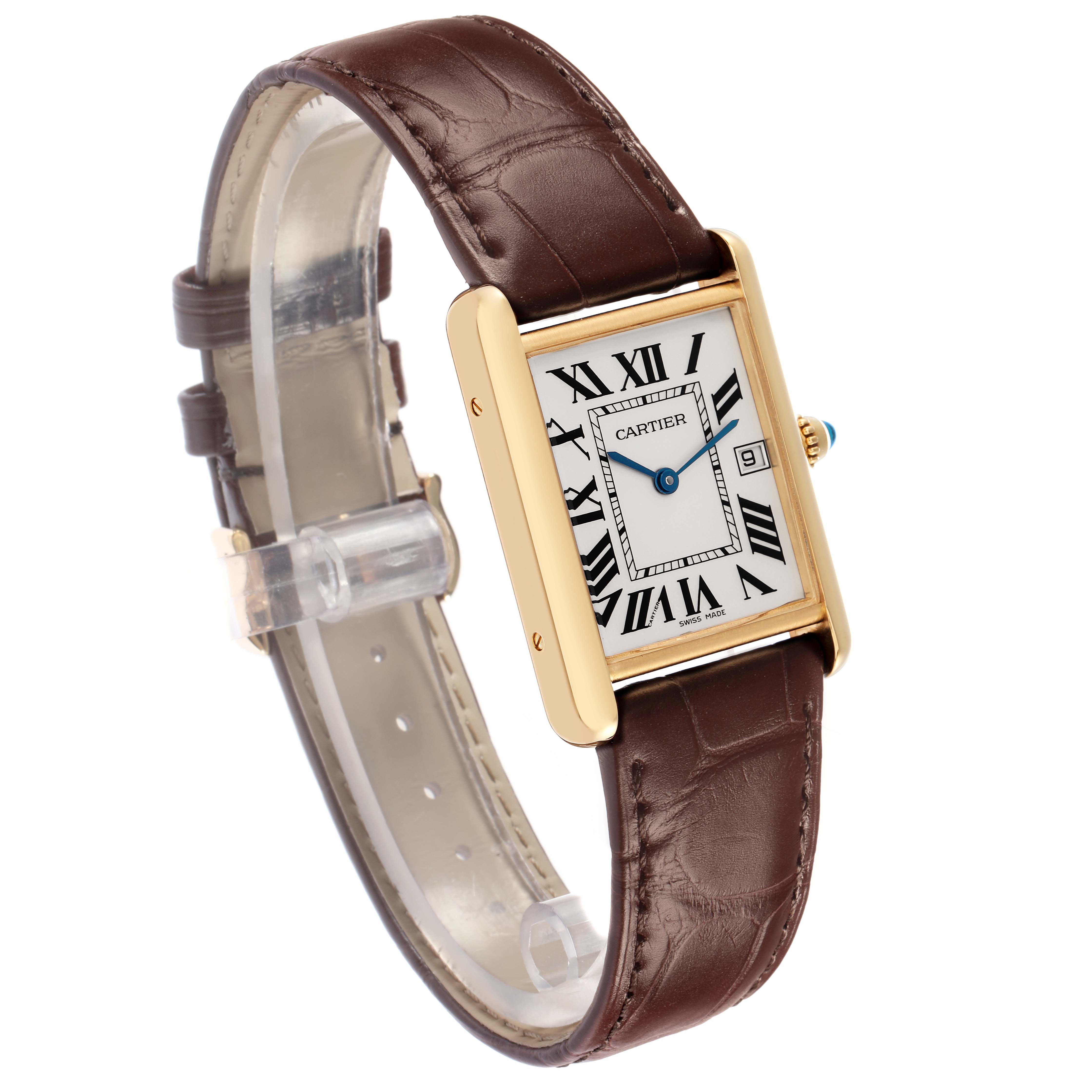 The Cartier Tank Louis W1529756 Men
s Yellow Gold Silver Dial watch is shown at an angled side view, displaying the face, brown leather strap, and gold case.