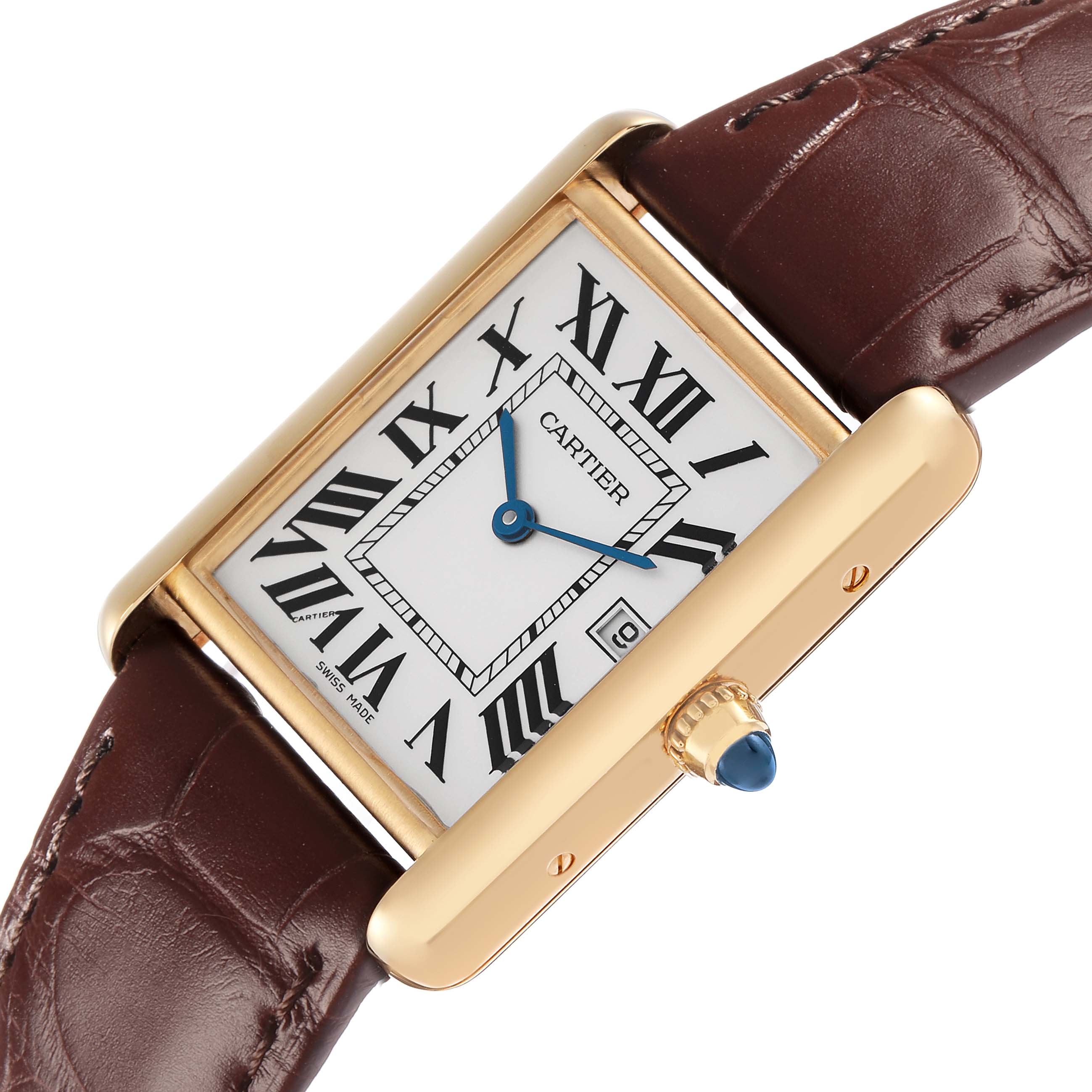 The Cartier Tank Louis W1529756 Men
s Yellow Gold Silver Dial watch is shown at an angle highlighting its gold case, Roman numeral dial, blue hands, and brown leather strap.