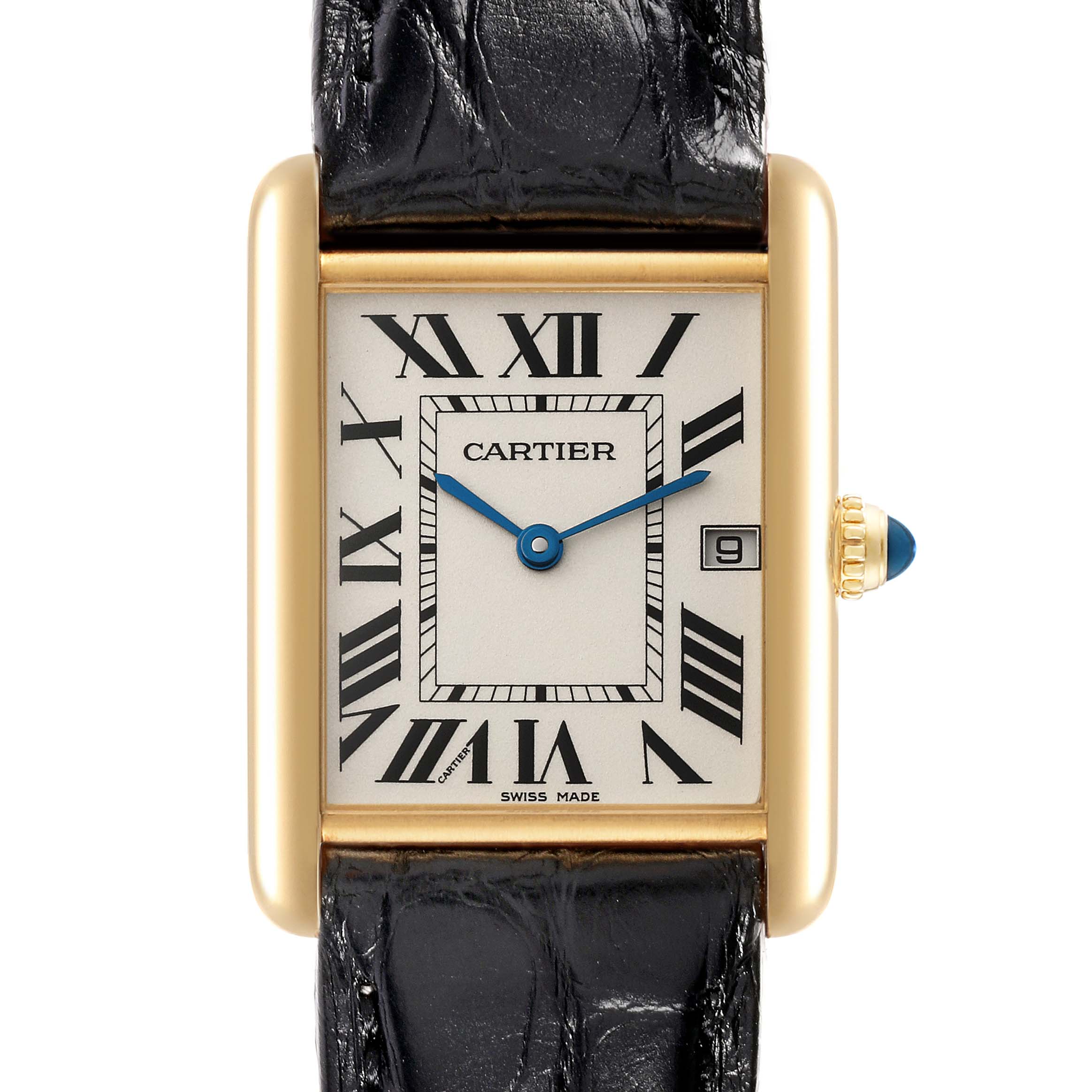 The image shows a close-up of the face and part of the strap of the Cartier Tank Louis W1529756 Men's Yellow Gold Silver Dial W1529756 Men's Yellow Gold Silver Dial watch.