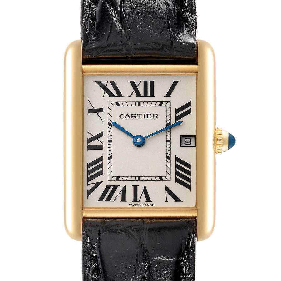 The image shows a close-up of the face and part of the strap of the Cartier Tank Louis watch.