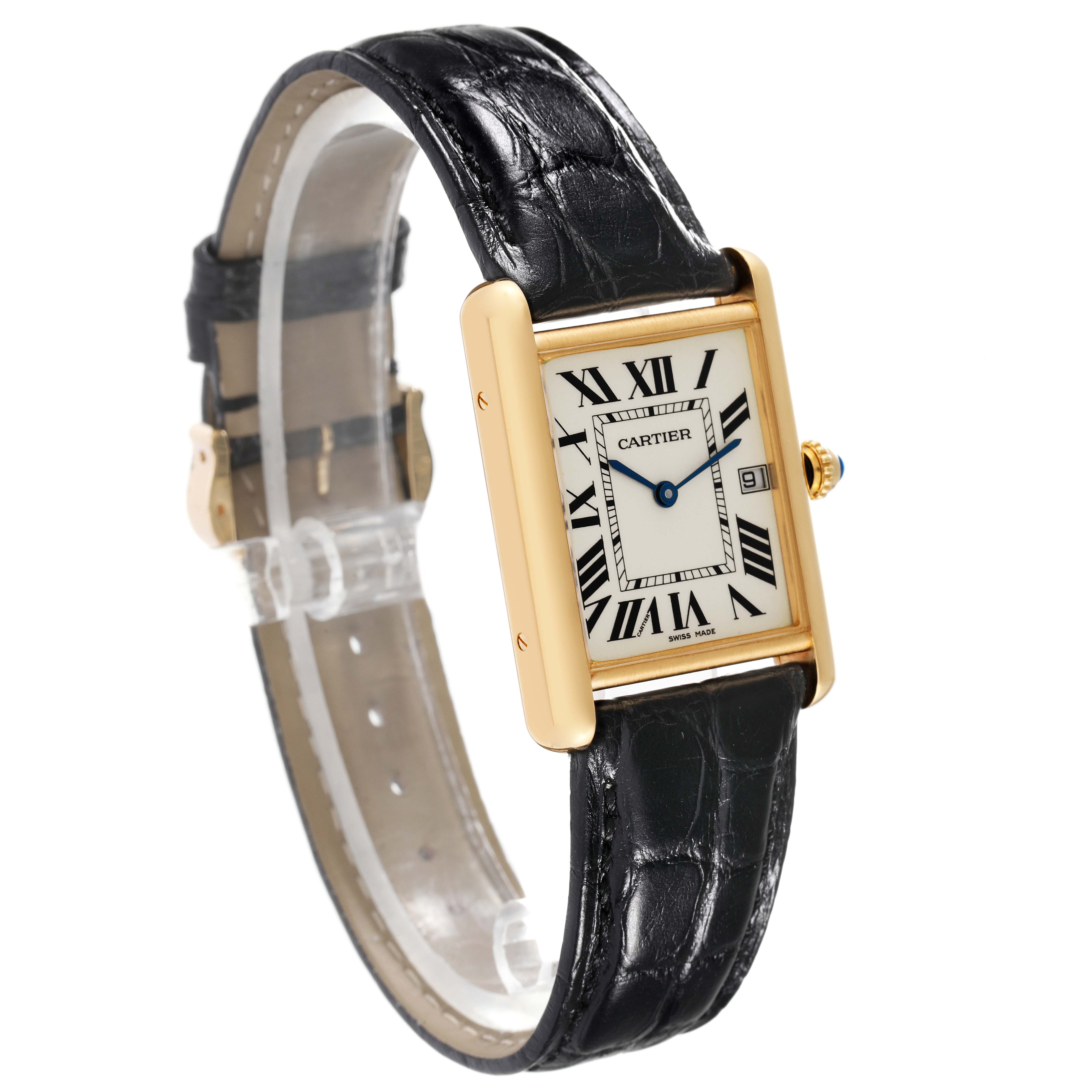 This image features the Cartier Tank Louis W1529756 Men's Yellow Gold Silver Dial W1529756 Men's Yellow Gold Silver Dial model watch at a three-quarter angle, showing its face, black leather strap, and gold case.