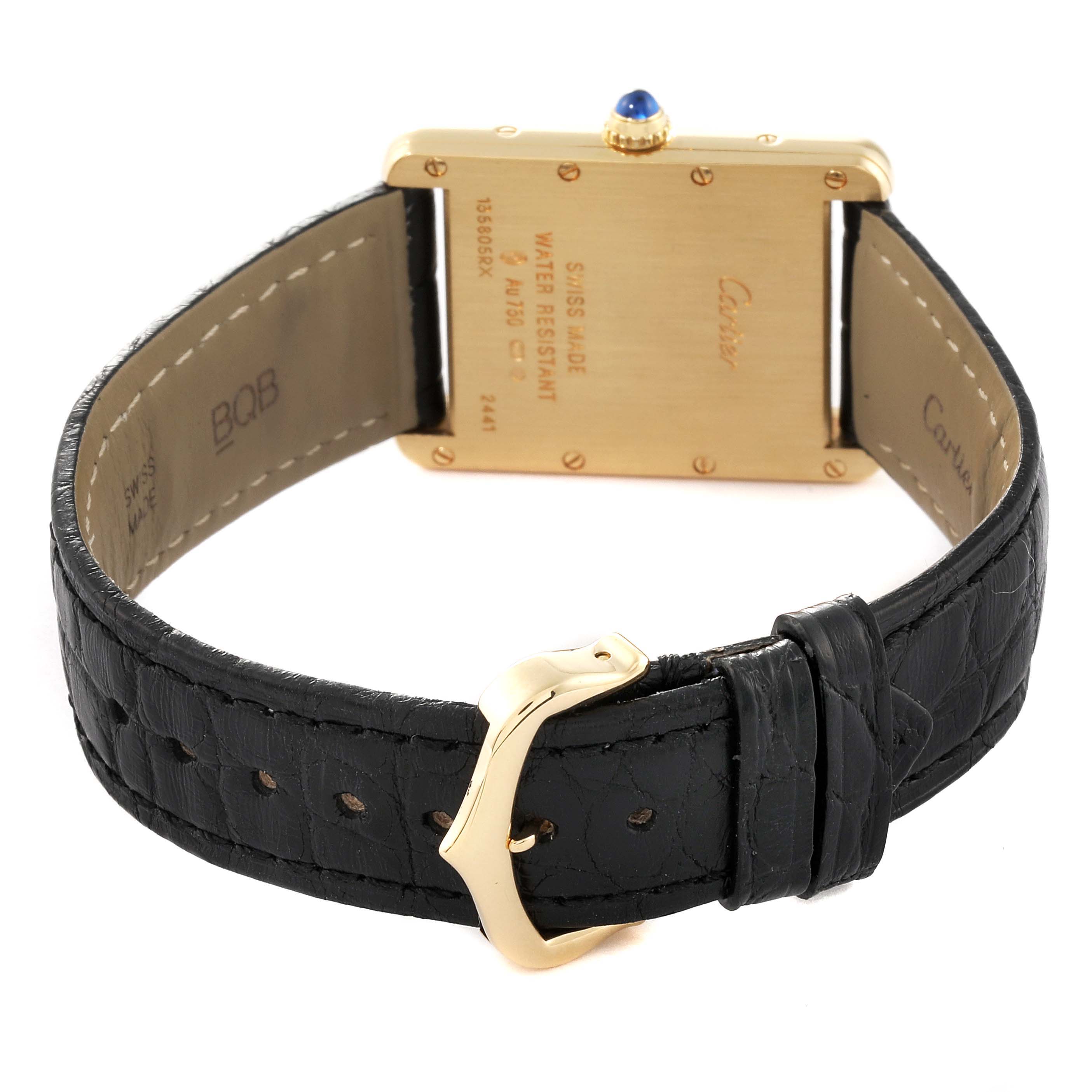 This image shows the back and side view of a Cartier Tank Louis W1529756 Men's Yellow Gold Silver Dial W1529756 Men's Yellow Gold Silver Dial watch, highlighting the strap, clasp, and case back.