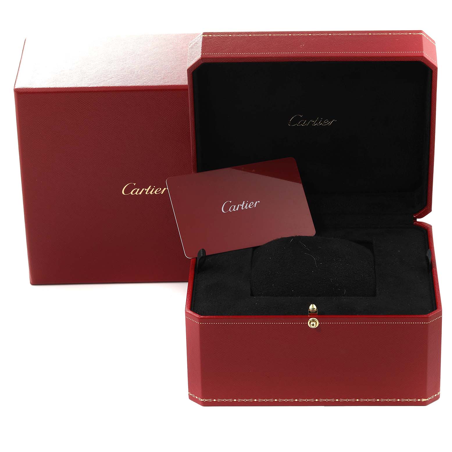 The image shows the packaging and accessories of a Cartier Tank Louis W1529756 Men's Yellow Gold Silver Dial W1529756 Men's Yellow Gold Silver Dial watch, including a red box and a certification card.