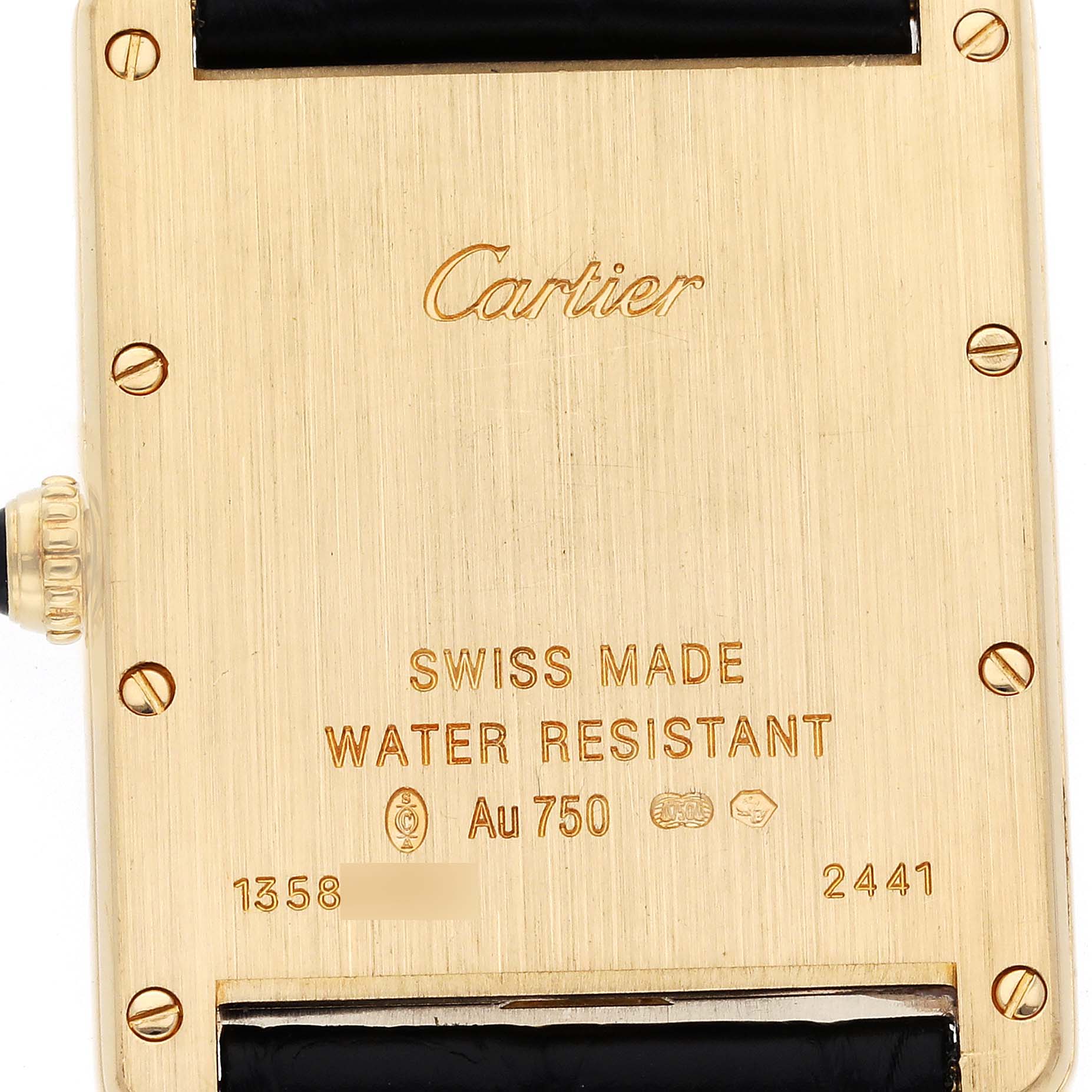 This image shows the back case of a Cartier Tank Louis W1529756 Men's Yellow Gold Silver Dial W1529756 Men's Yellow Gold Silver Dial watch, displaying various engravings and descriptors.