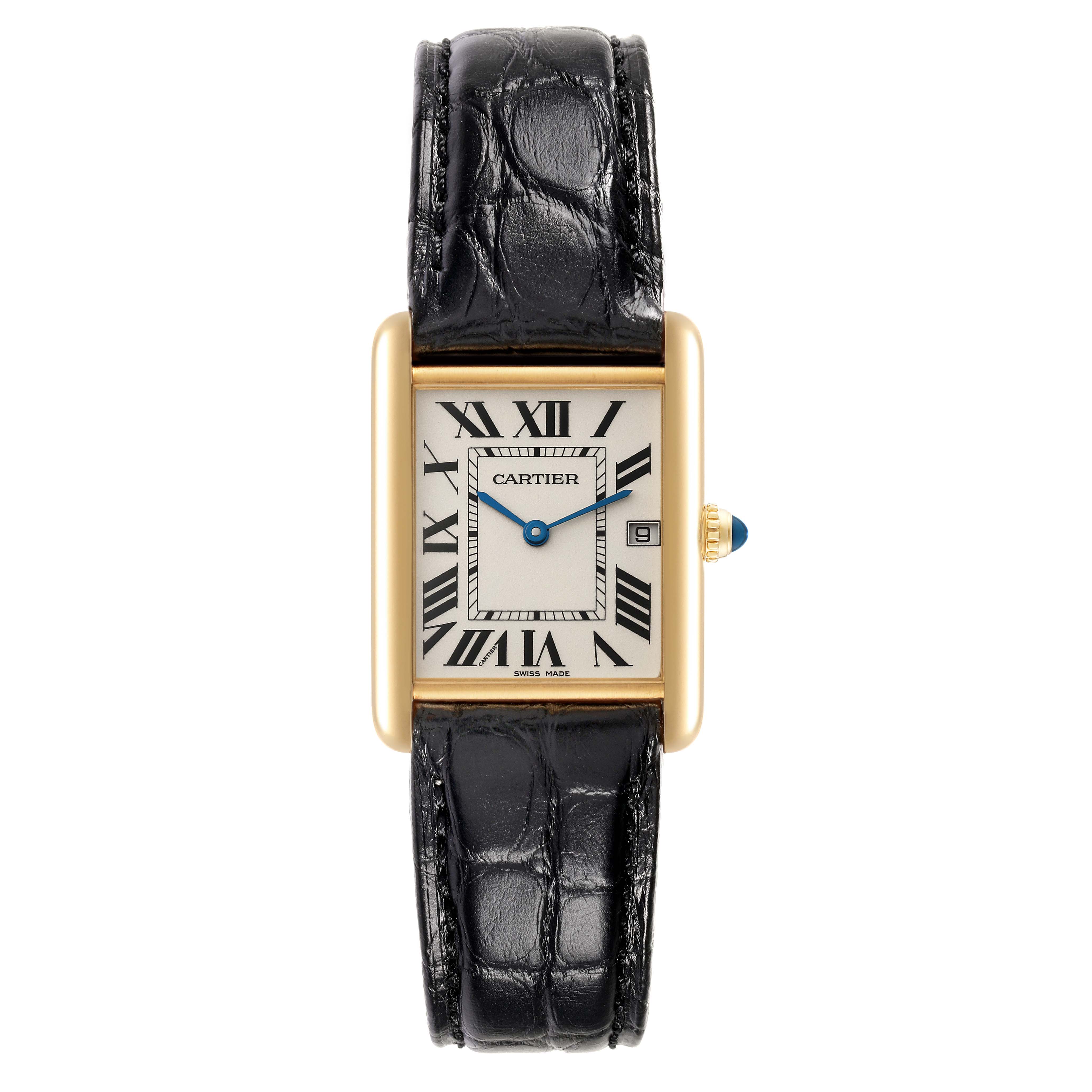 The image shows a front view of the Cartier Tank Louis W1529756 Men's Yellow Gold Silver Dial W1529756 Men's Yellow Gold Silver Dial watch, featuring a leather strap, rectangular dial, and Roman numerals.