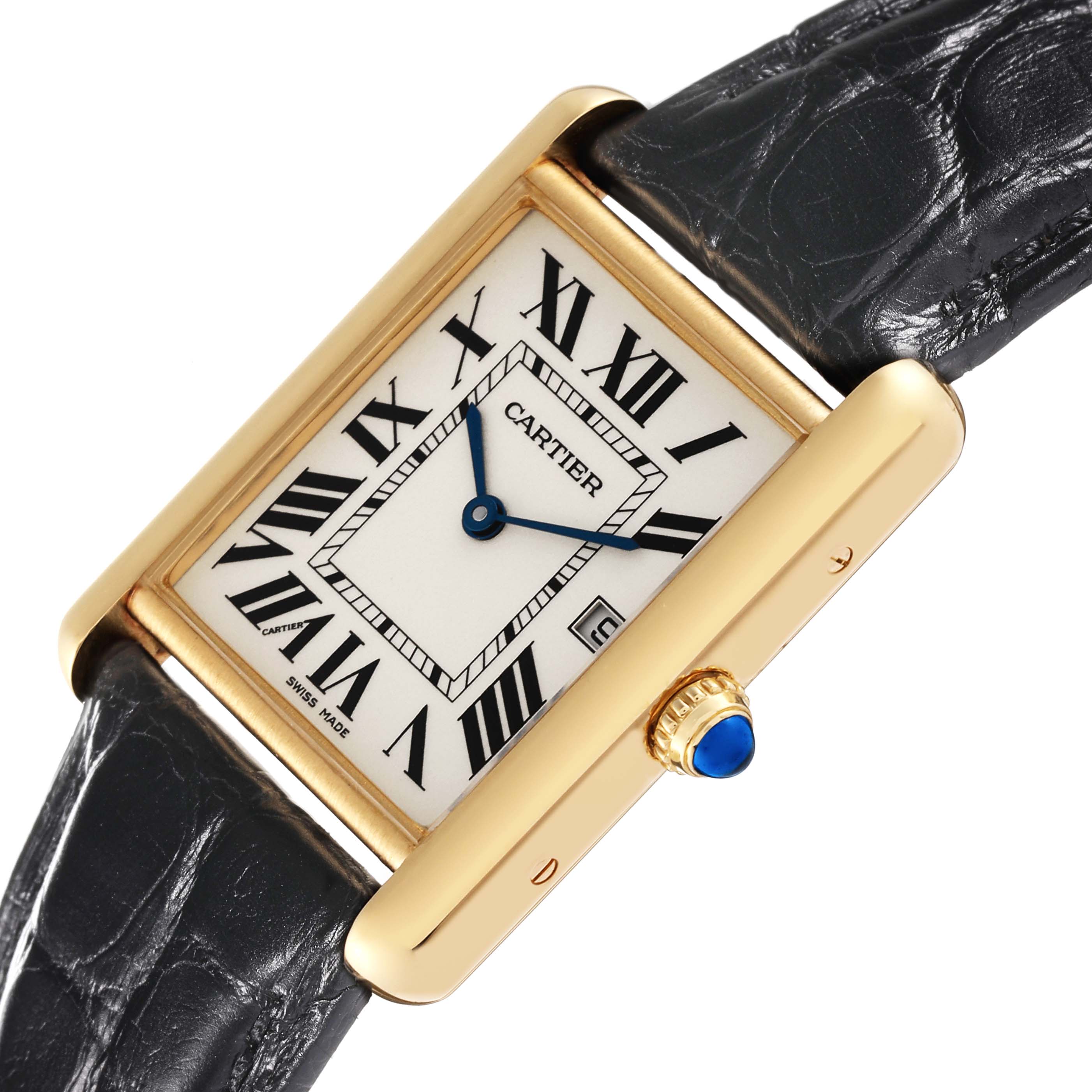 The image shows a Cartier Tank Louis W1529756 Men's Yellow Gold Silver Dial W1529756 Men's Yellow Gold Silver Dial watch from an angled top view, highlighting the face, blue hands, Roman numerals, gold casing, and black leather strap.