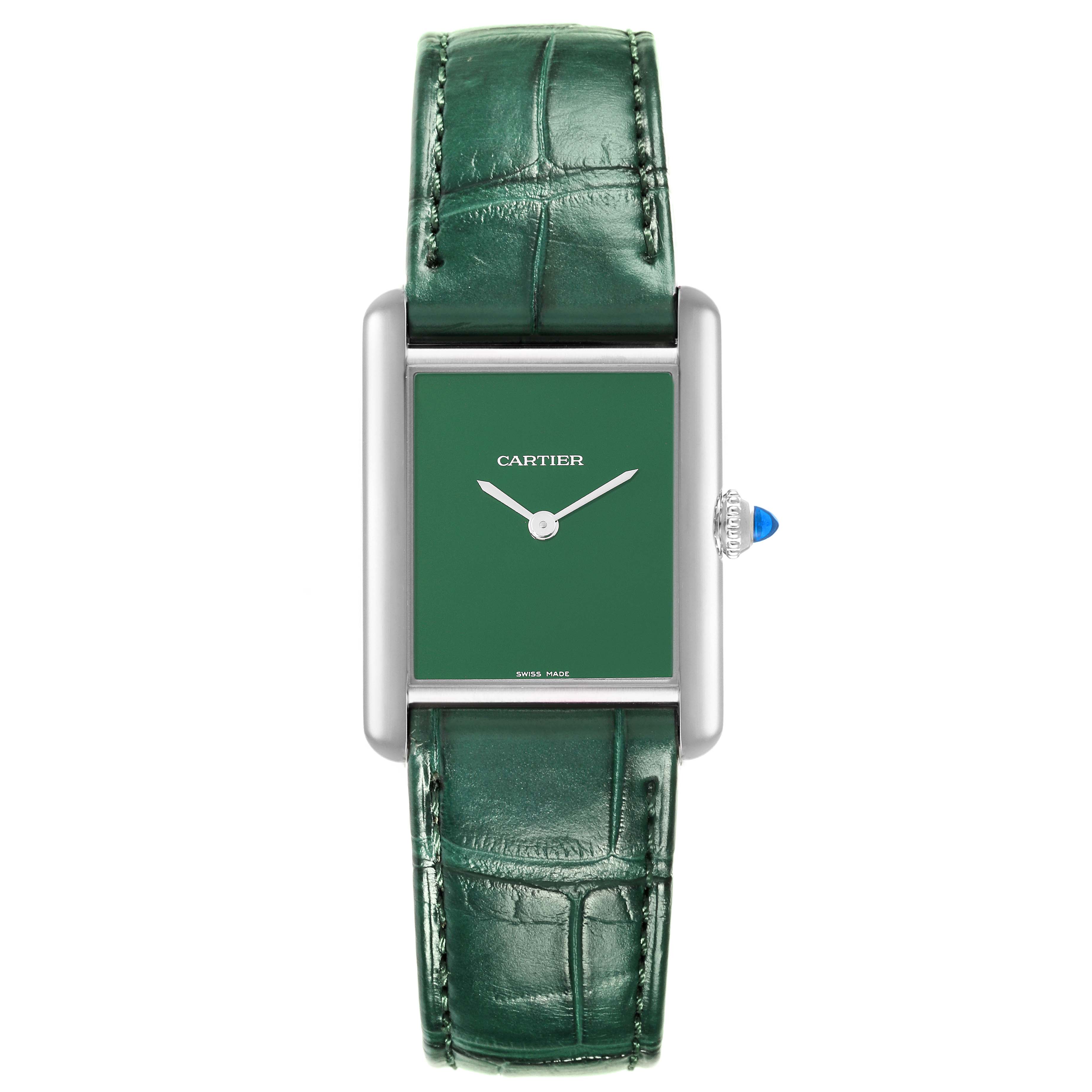 The image shows a front view of the Cartier Tank Must WSTA0056 Women's Stainless Steel Green Dial WSTA0056 Women's Stainless Steel Green Dial watch with a green dial and matching green leather strap.