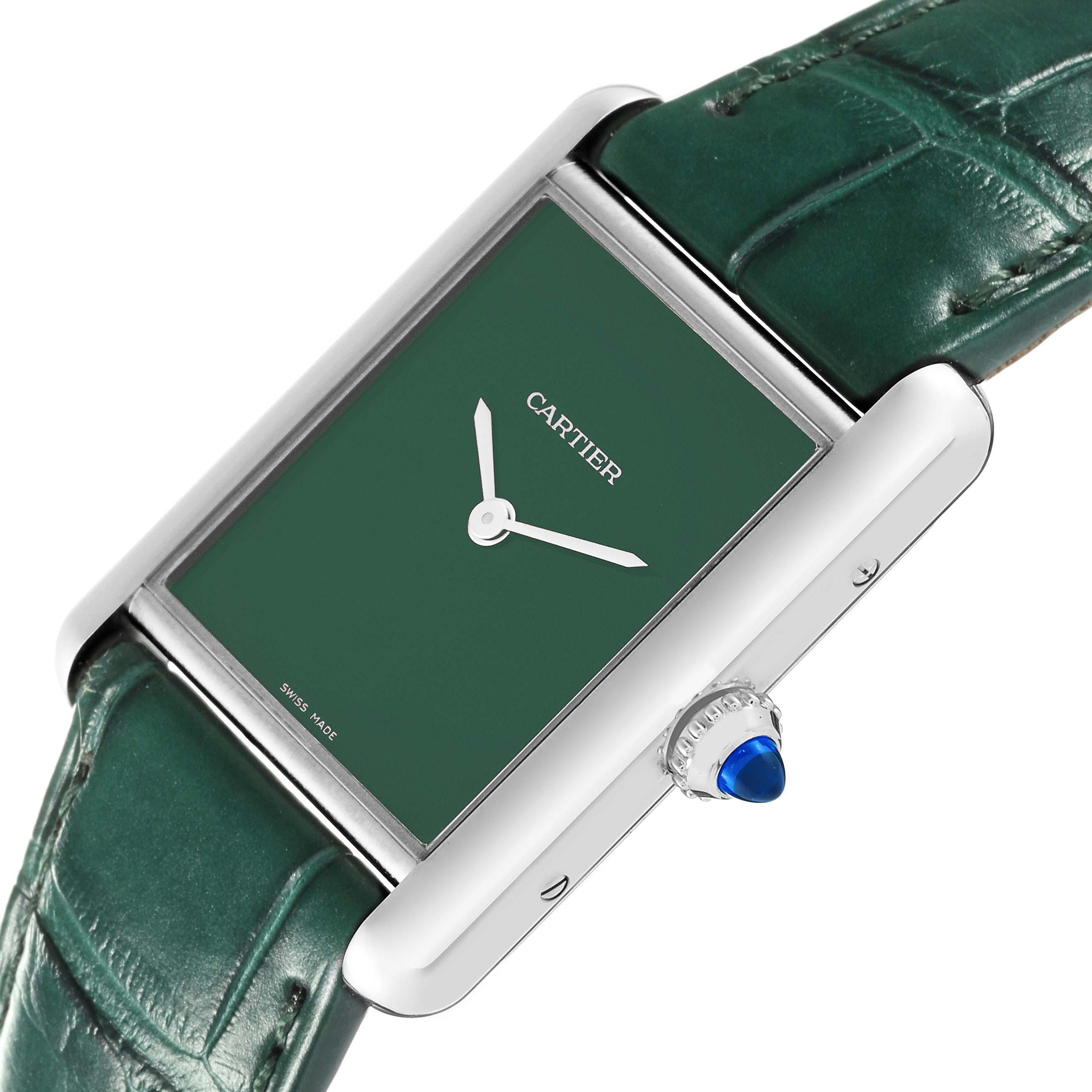 The Cartier Tank Must WSTA0056 Women's Stainless Steel Green Dial WSTA0056 Women's Stainless Steel Green Dial watch is shown at a slight angle, displaying the green dial, stainless steel case, crown, and green strap.