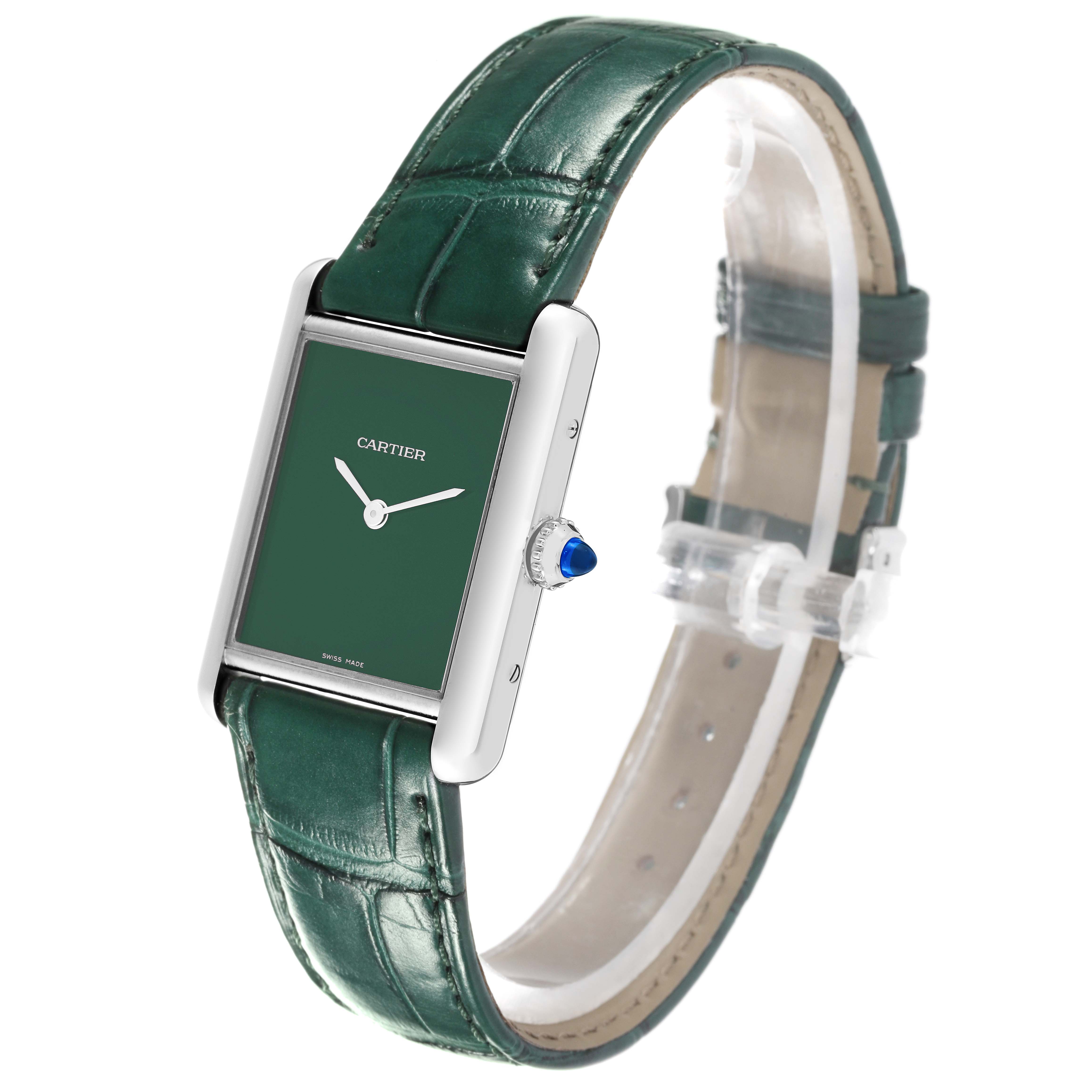 The image shows a Cartier Tank Must WSTA0056 Women's Stainless Steel Green Dial WSTA0056 Women's Stainless Steel Green Dial model watch with a green dial and green leather strap, viewed at a slight angle.