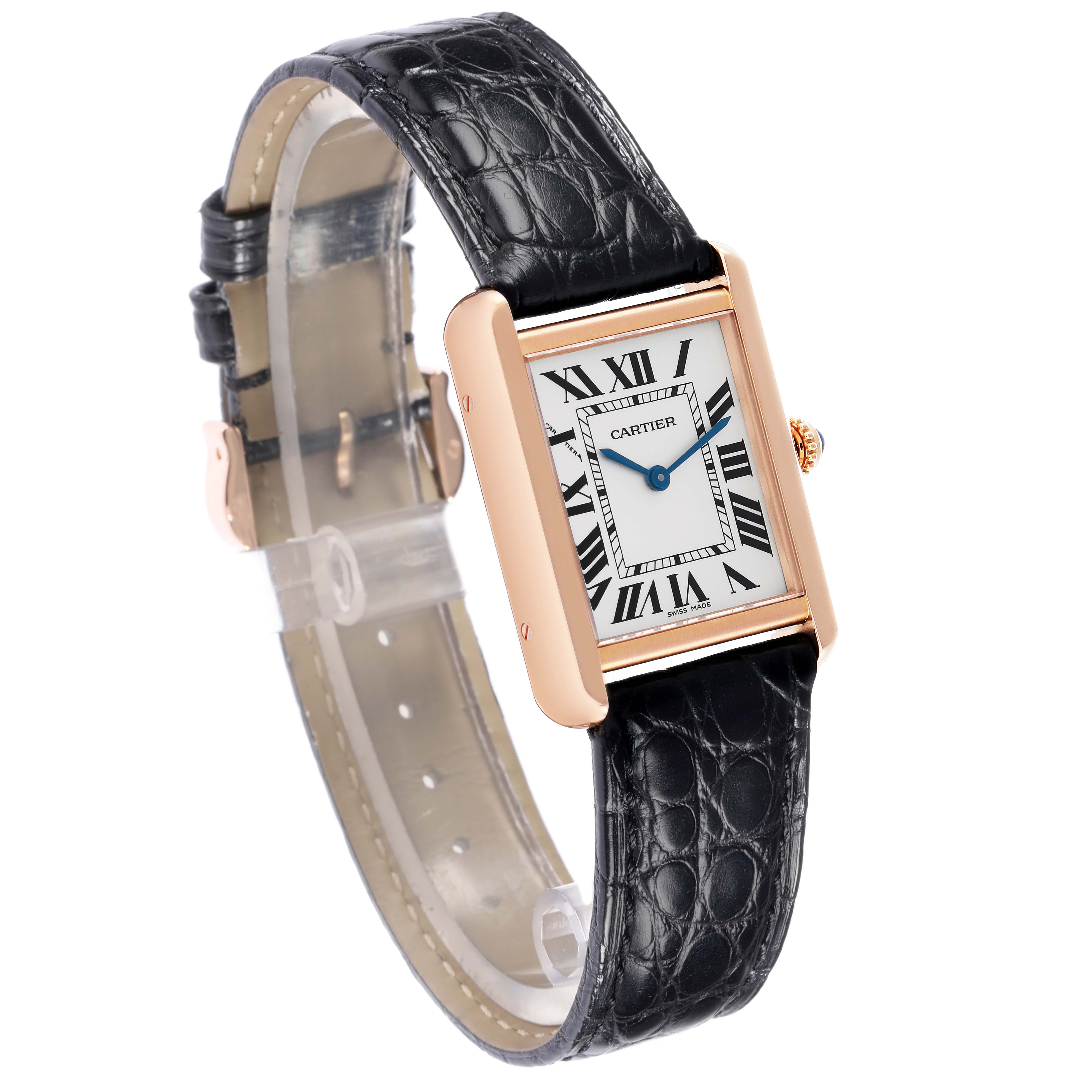 The Cartier Tank Solo W5200024 is shown at a three-quarter angle, highlighting the case, dial, and black leather strap.
