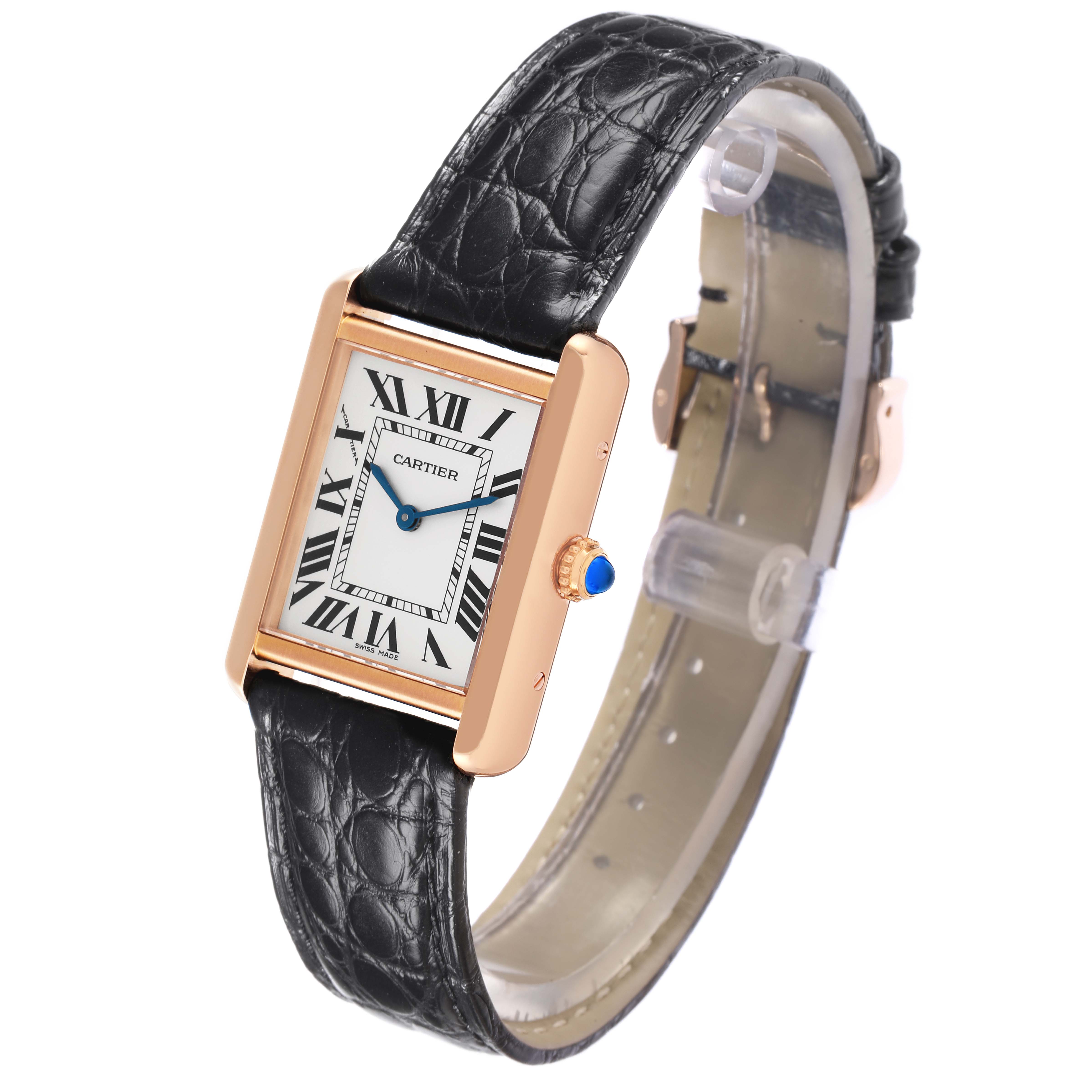 The Cartier Tank Solo model W5200024 is shown in a three-quarter view, highlighting the rectangular face, Roman numerals, and black leather strap.