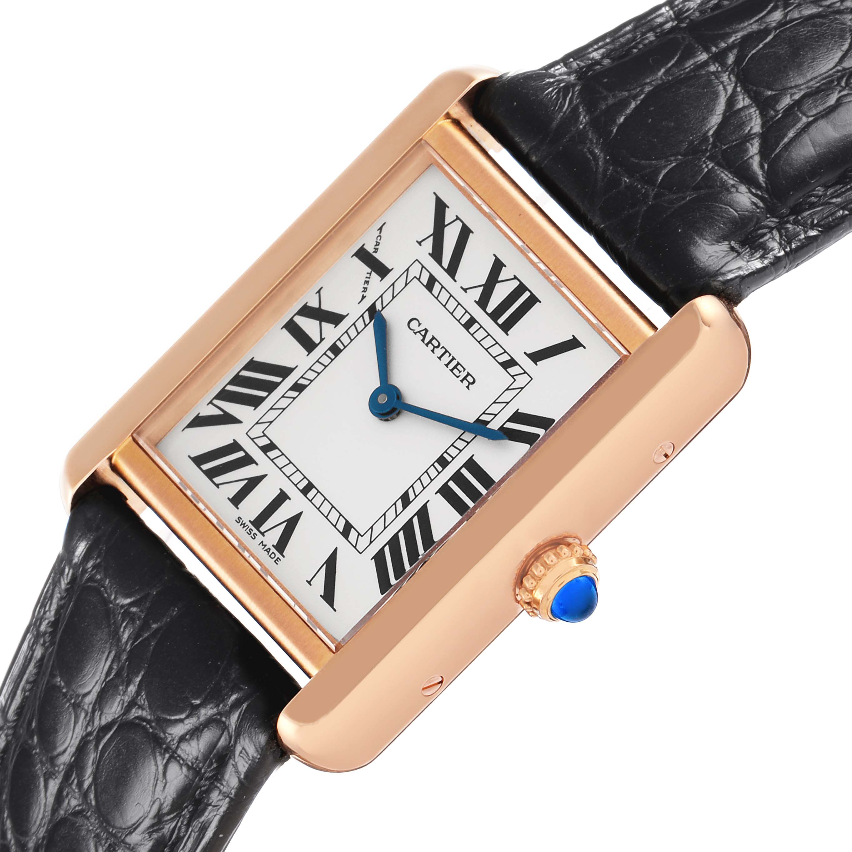 The image shows the Cartier Tank Solo W5200024 watch at a diagonal angle, highlighting the rectangular face, Roman numerals, blue hands, and textured black strap.
