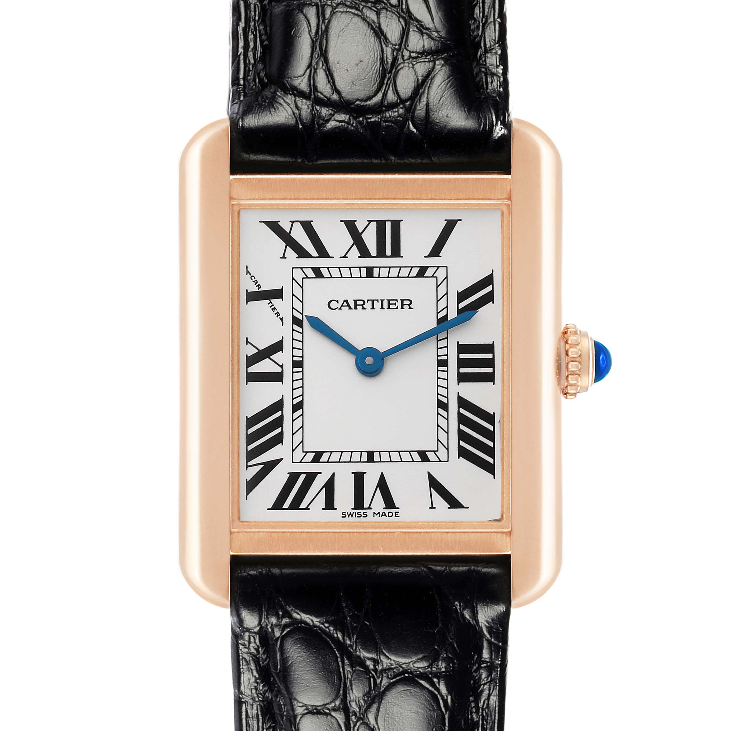 The Cartier Tank Solo model W5200024 is shown from a front angle, featuring its rectangular dial, Roman numerals, blue hands, and black leather strap.