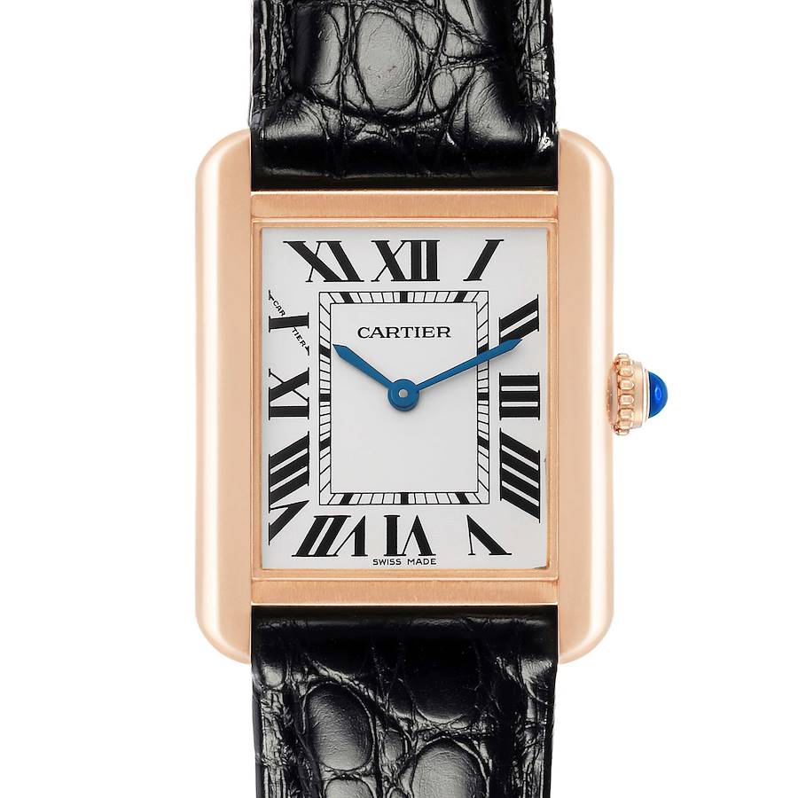 The Cartier Tank Solo model W5200024 is shown from a front angle, featuring its rectangular dial, Roman numerals, blue hands, and black leather strap.