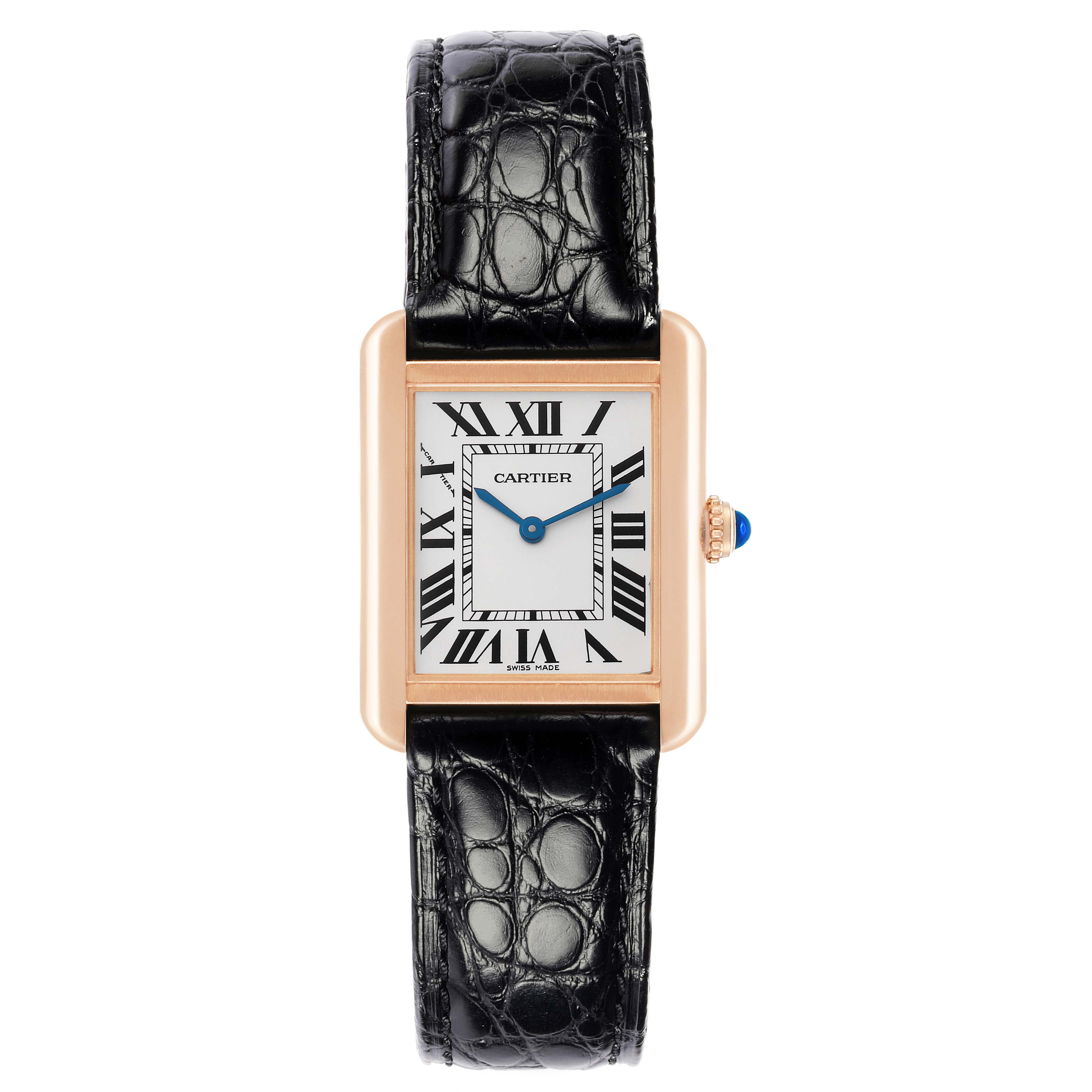 The Cartier Tank Solo W5200024 is shown from a front angle, displaying its rectangular rose gold case, Roman numeral dial, blue hands, and black leather strap.