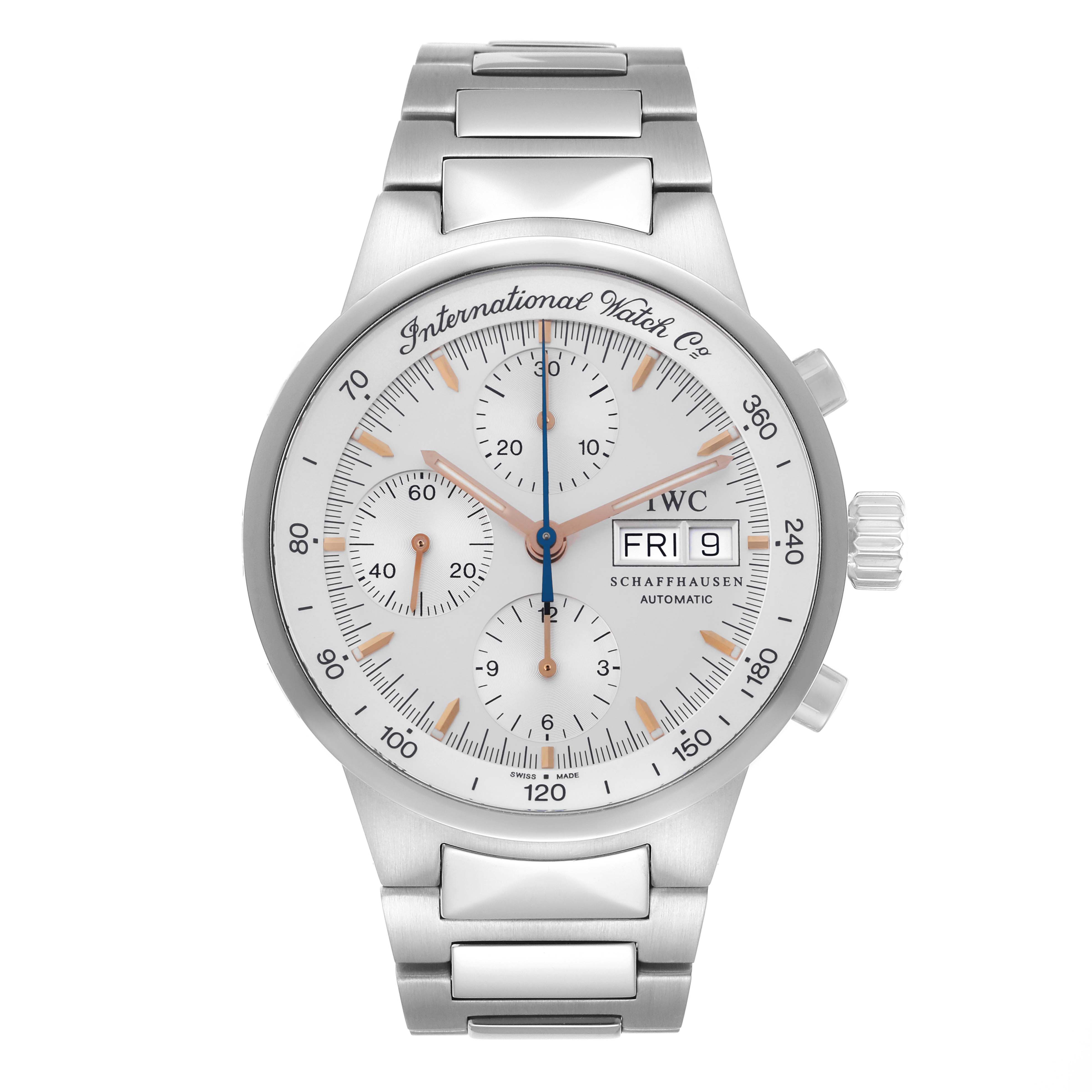 The image shows a IWC GST model IW370713 men
s watch from a top-down angle, highlighting the face, bracelet, and details like subdials and the day-date display.