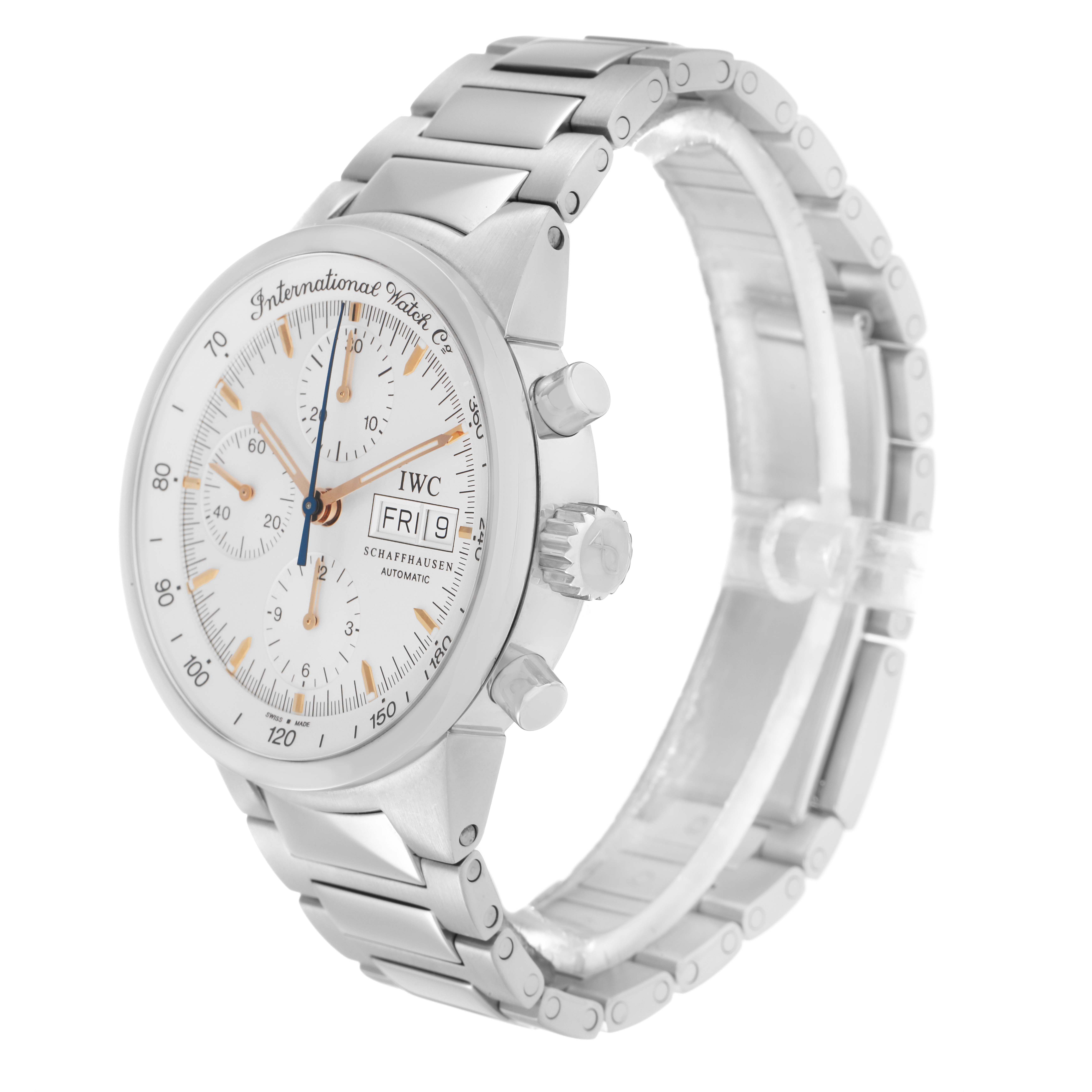 The IWC GST model IW370713 men
s watch is shown from a three-quarter angle highlighting the face, crown, pushers, and metal bracelet.