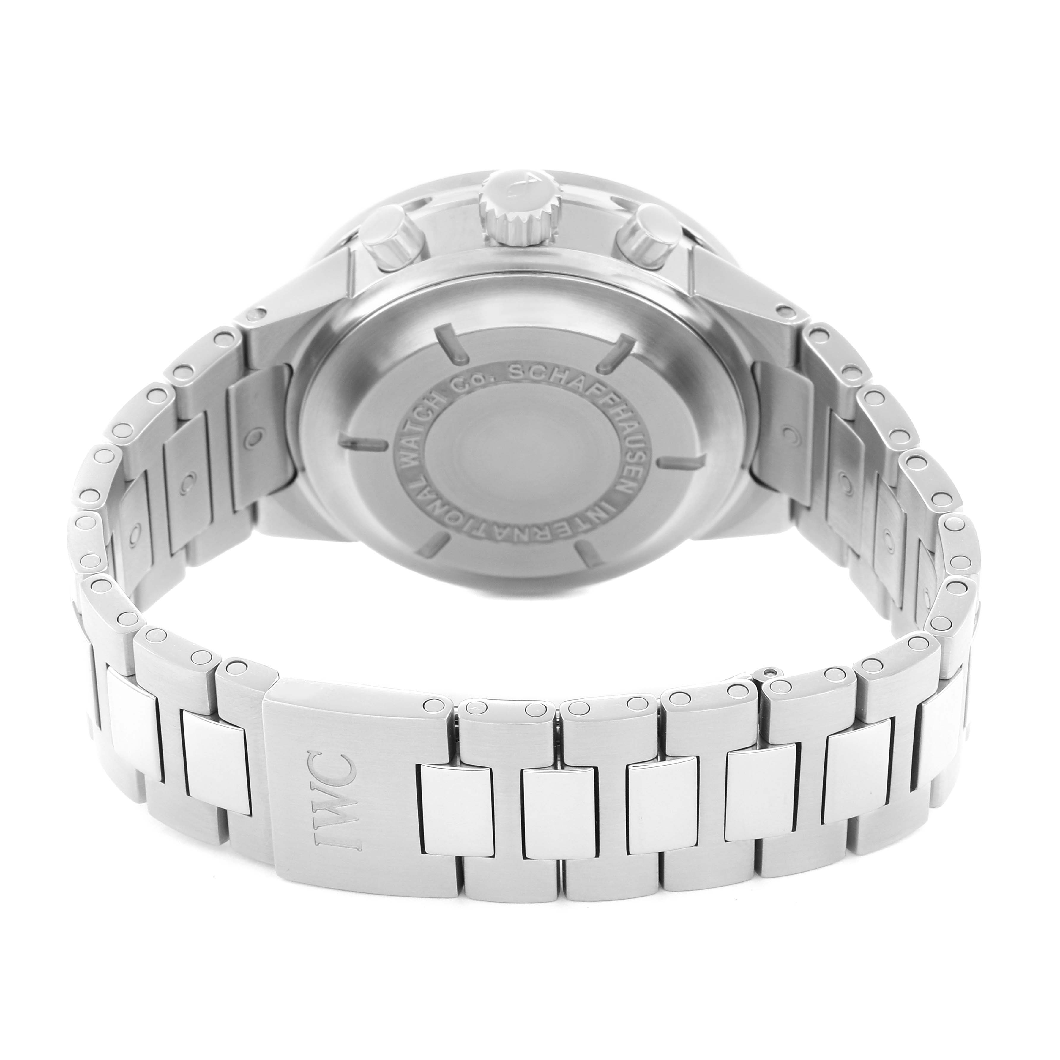 The IWC GST model IW370713 men
s watch is shown from the back, highlighting the case back, crown, and the metal bracelet with "IWC" engraved.