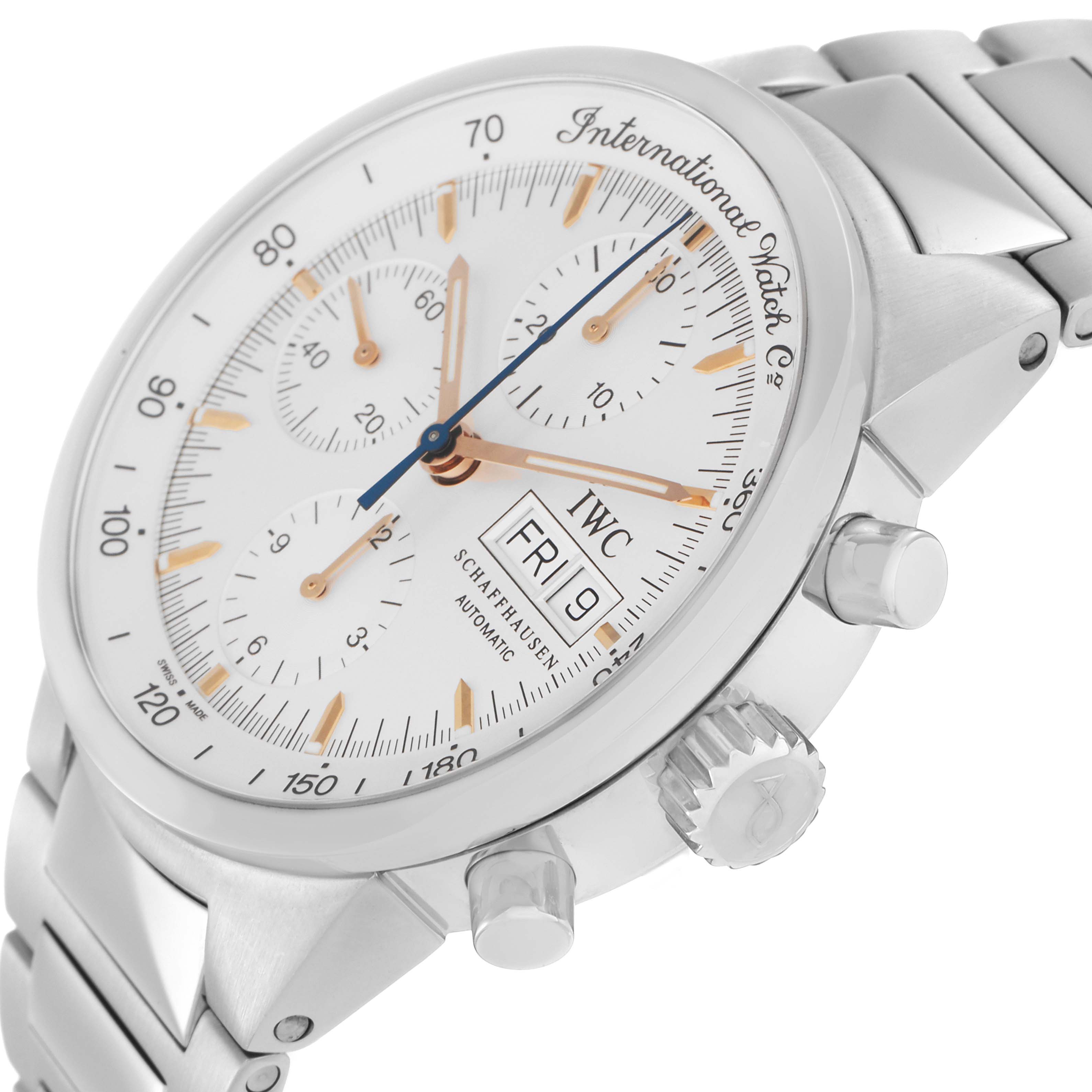 The IWC GST model IW370713 men
s watch is shown at an angled close-up, highlighting the dial, crown, pushers, and part of the bracelet.