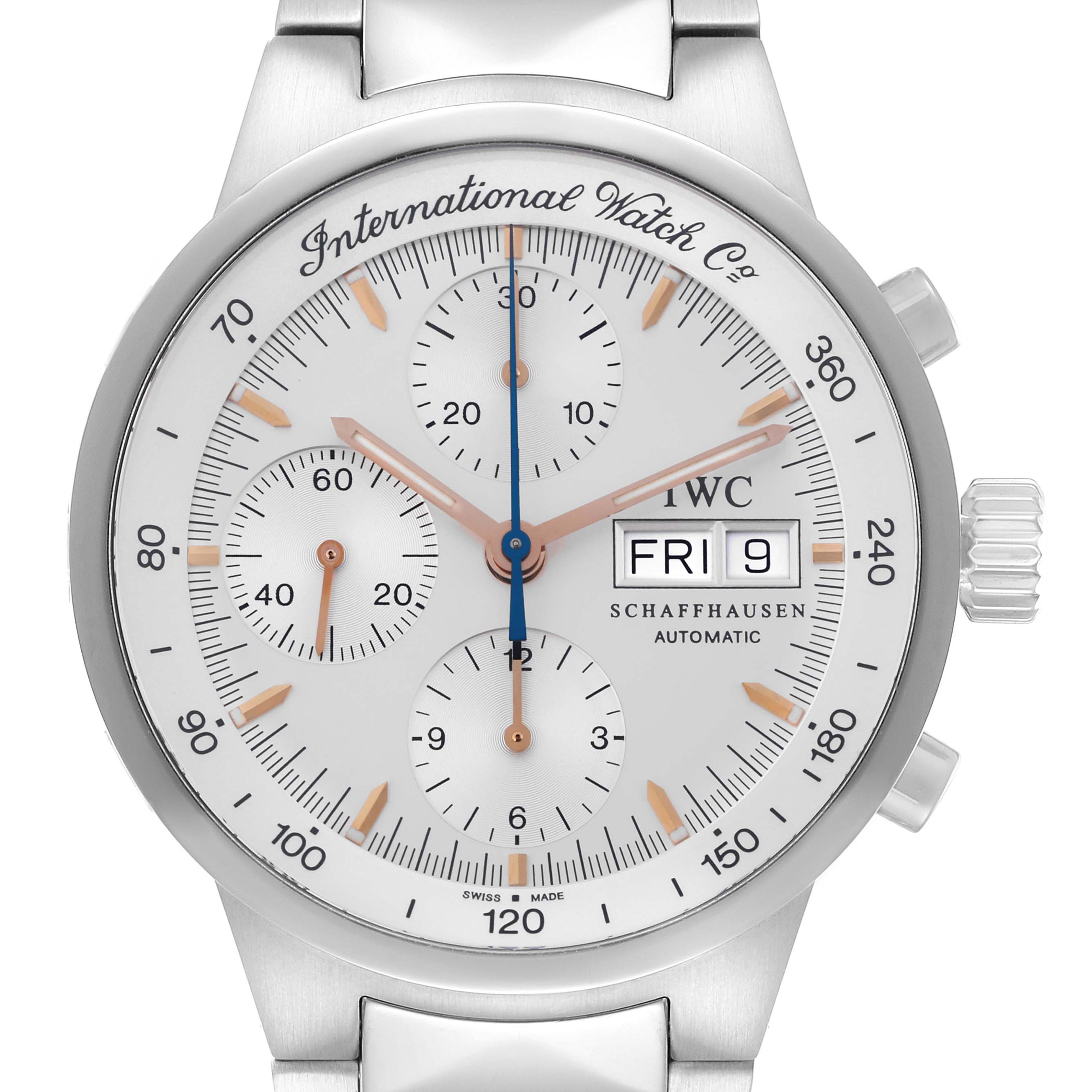 The image shows a frontal view of the IWC GST model watch, model number IW370713, highlighting the dial, subdials, crown, and day-date display.