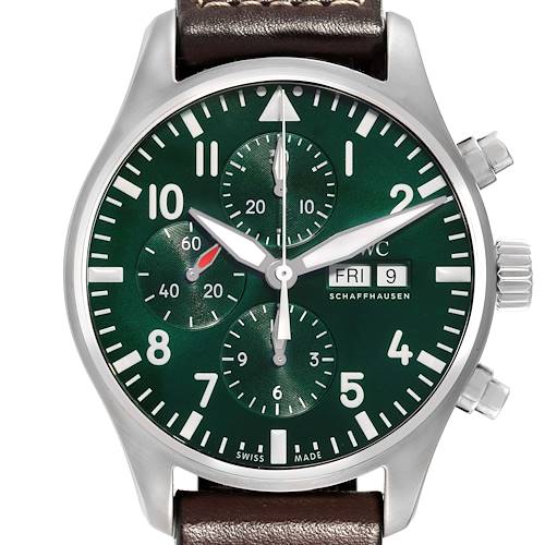 The image displays the IWC Pilot model watch face-on, showing its green dial, chronograph subdials, day-date display, and brown leather strap.