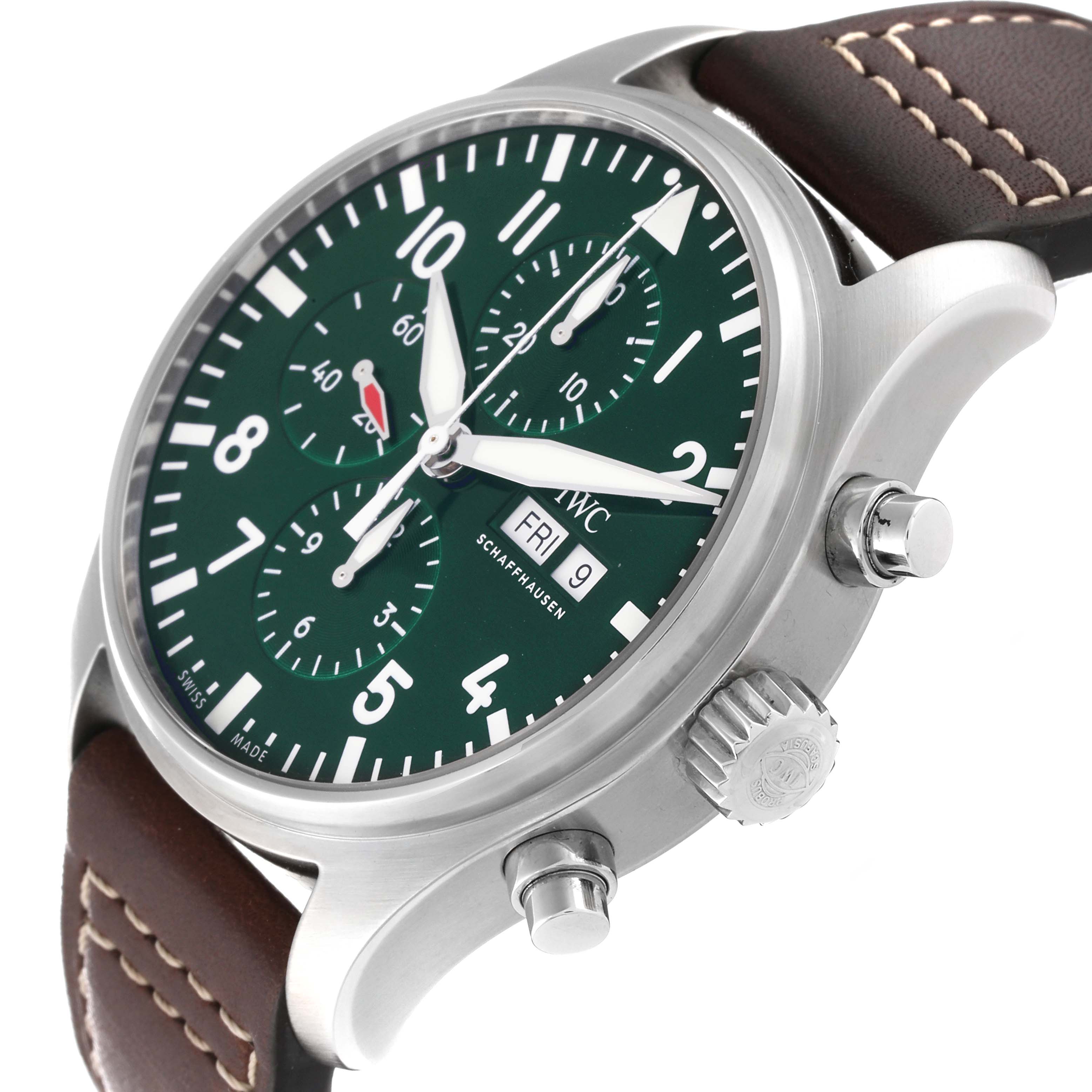This image shows a side angle of an IWC Pilot IW377726 Men's Stainless Steel Green Dial IW377726 Men's Stainless Steel Green Dial model watch, highlighting its face, crown, pushers, and brown leather strap.