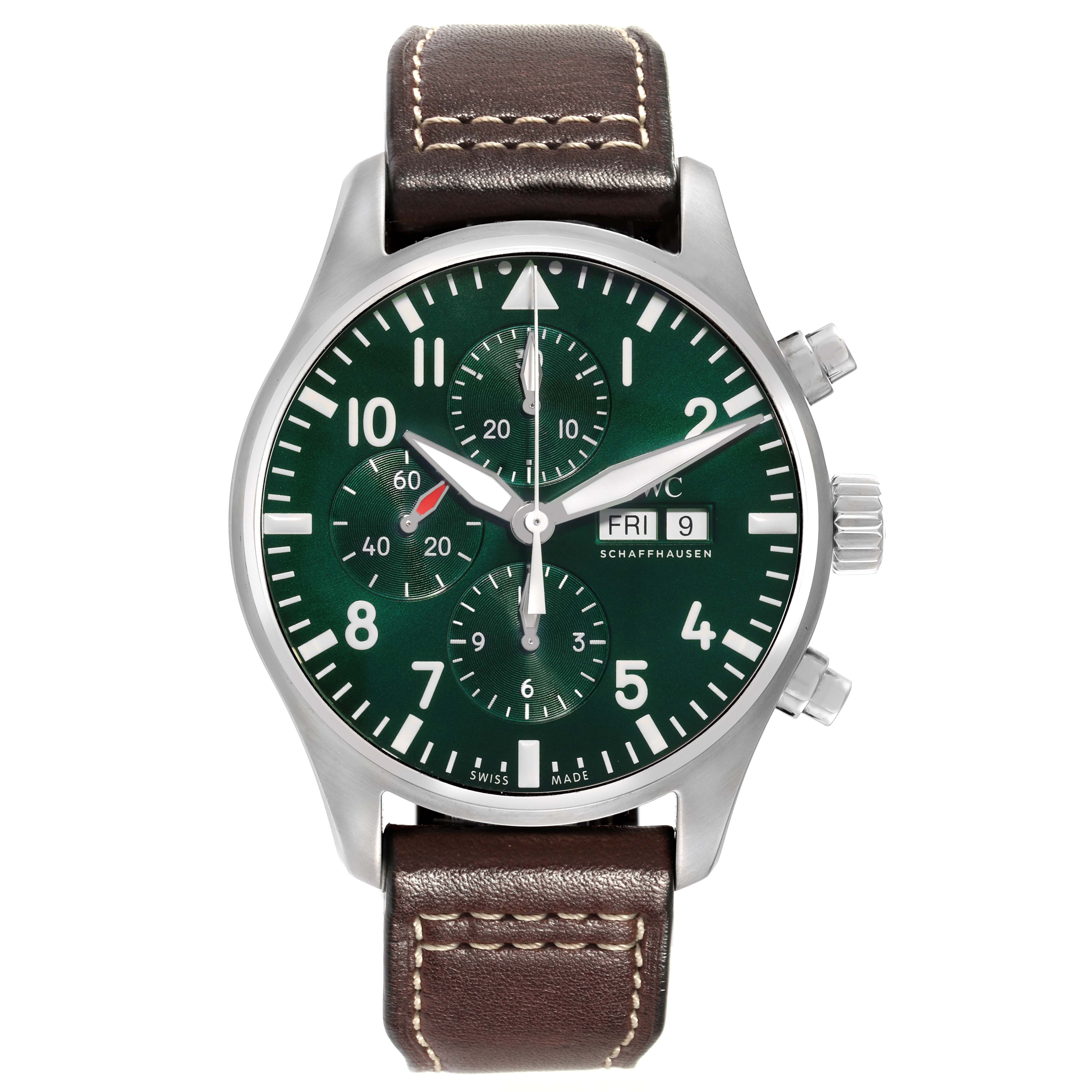 The image shows a front view of the IWC Pilot IW377726 Men's Stainless Steel Green Dial IW377726 Men's Stainless Steel Green Dial model watch, highlighting its green dial, subdials, and brown leather strap.