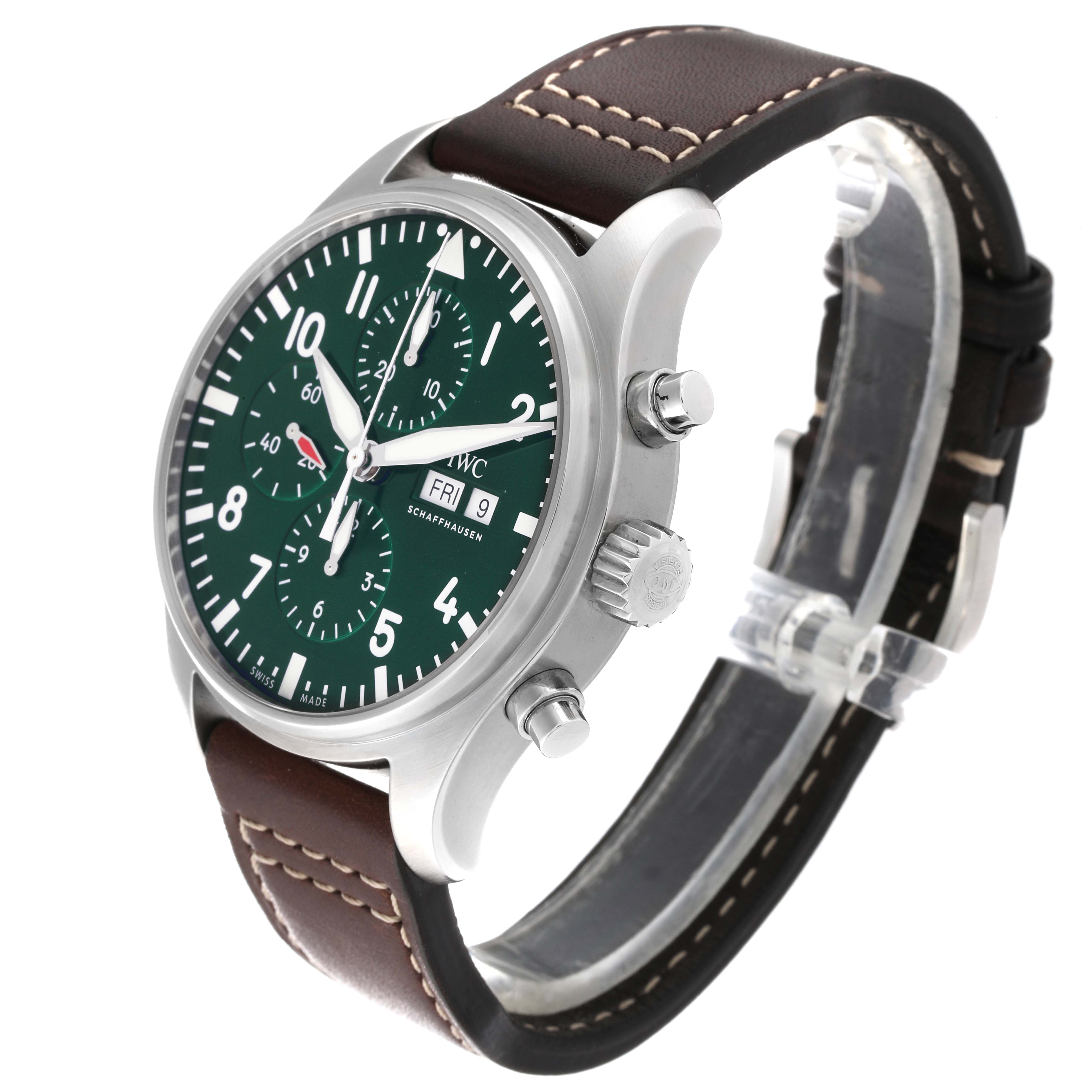 The IWC Pilot IW377726 Men's Stainless Steel Green Dial IW377726 Men's Stainless Steel Green Dial model watch is shown at a three-quarter angle, displaying the dial, crown, pushers, and leather strap.