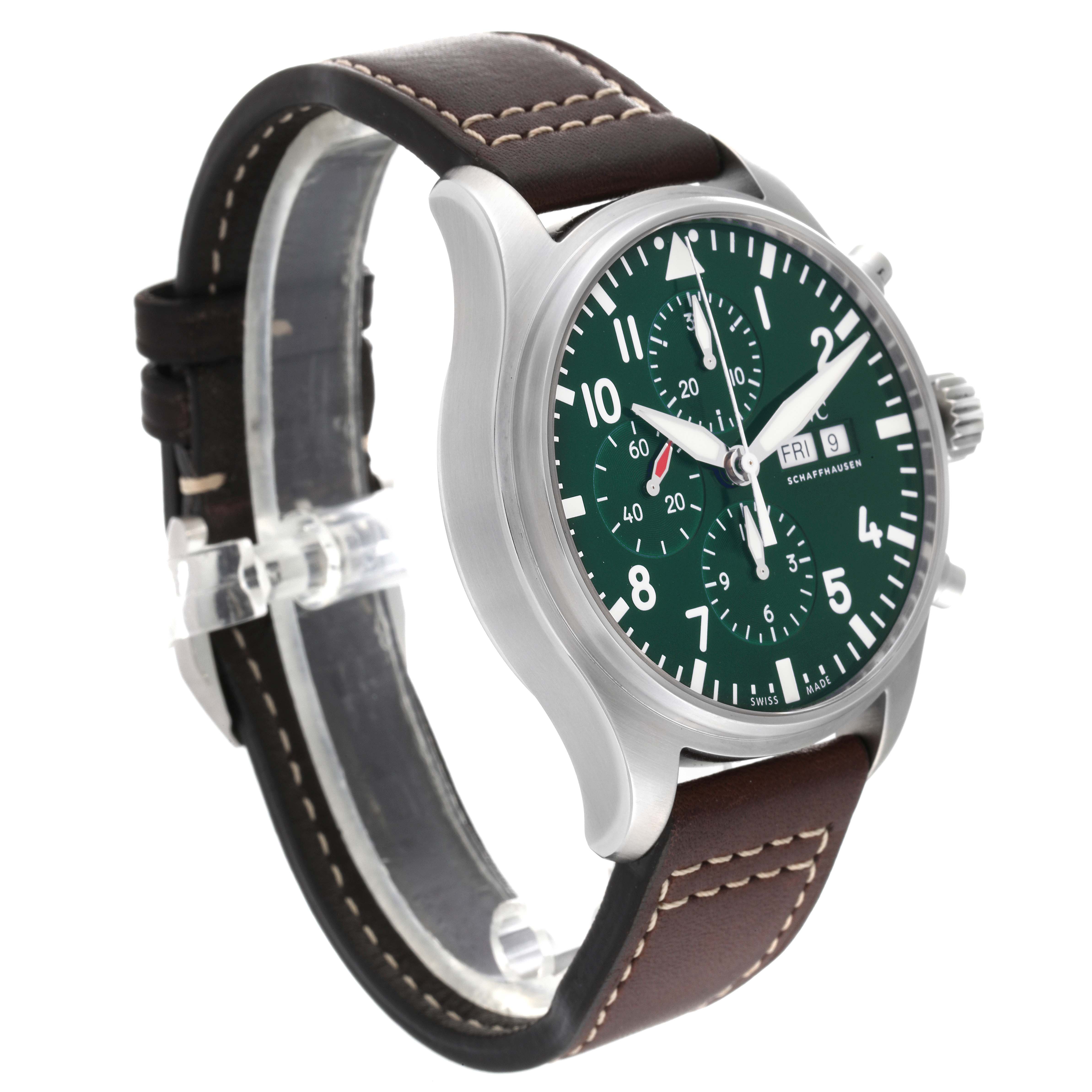 The IWC Pilot IW377726 Men's Stainless Steel Green Dial IW377726 Men's Stainless Steel Green Dial watch is shown at an oblique angle, highlighting its green dial, chronograph functions, and brown leather strap.