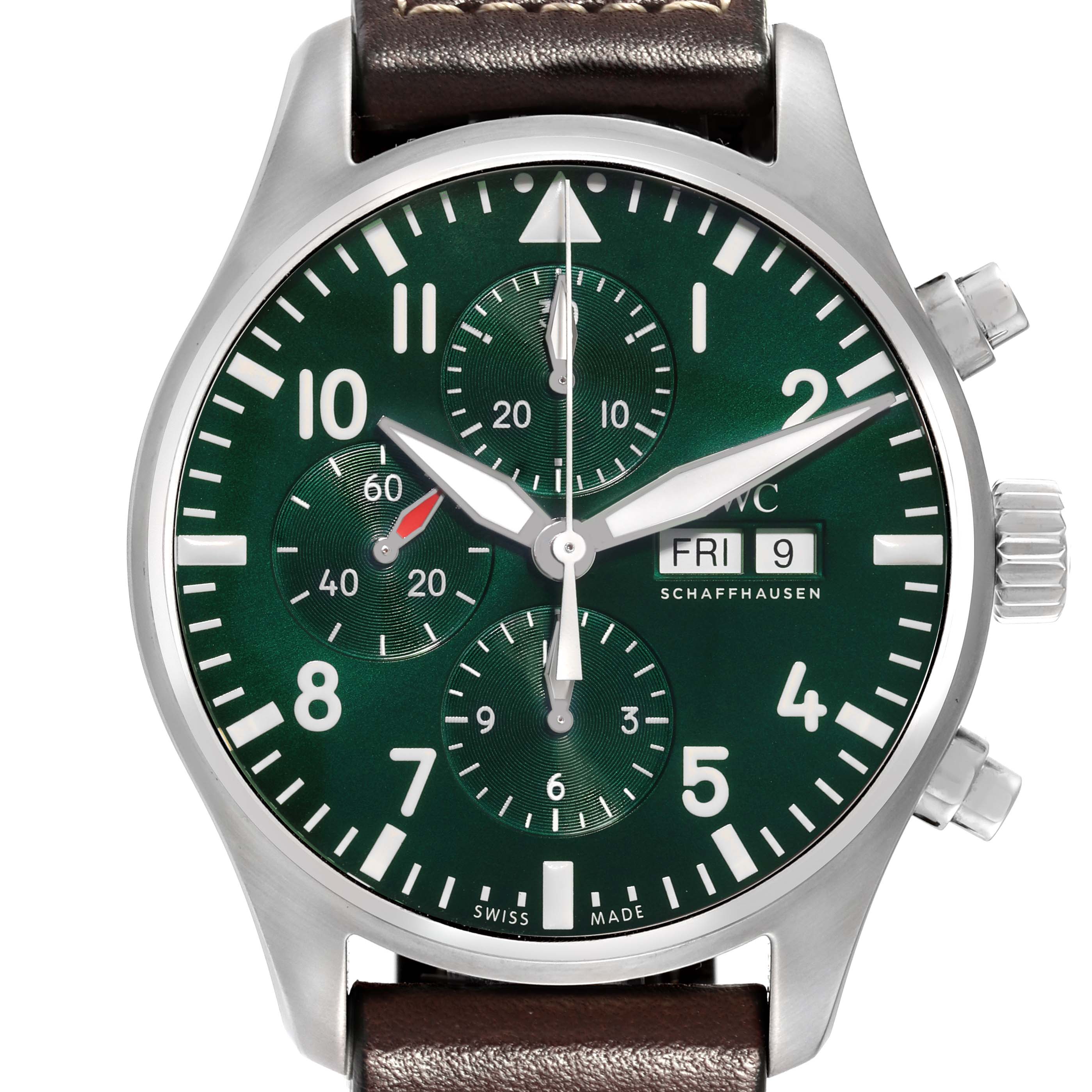 The image shows the face of an IWC Pilot IW377726 Men's Stainless Steel Green Dial IW377726 Men's Stainless Steel Green Dial model watch, displaying hour markers, hands, sub-dials, and the crown.