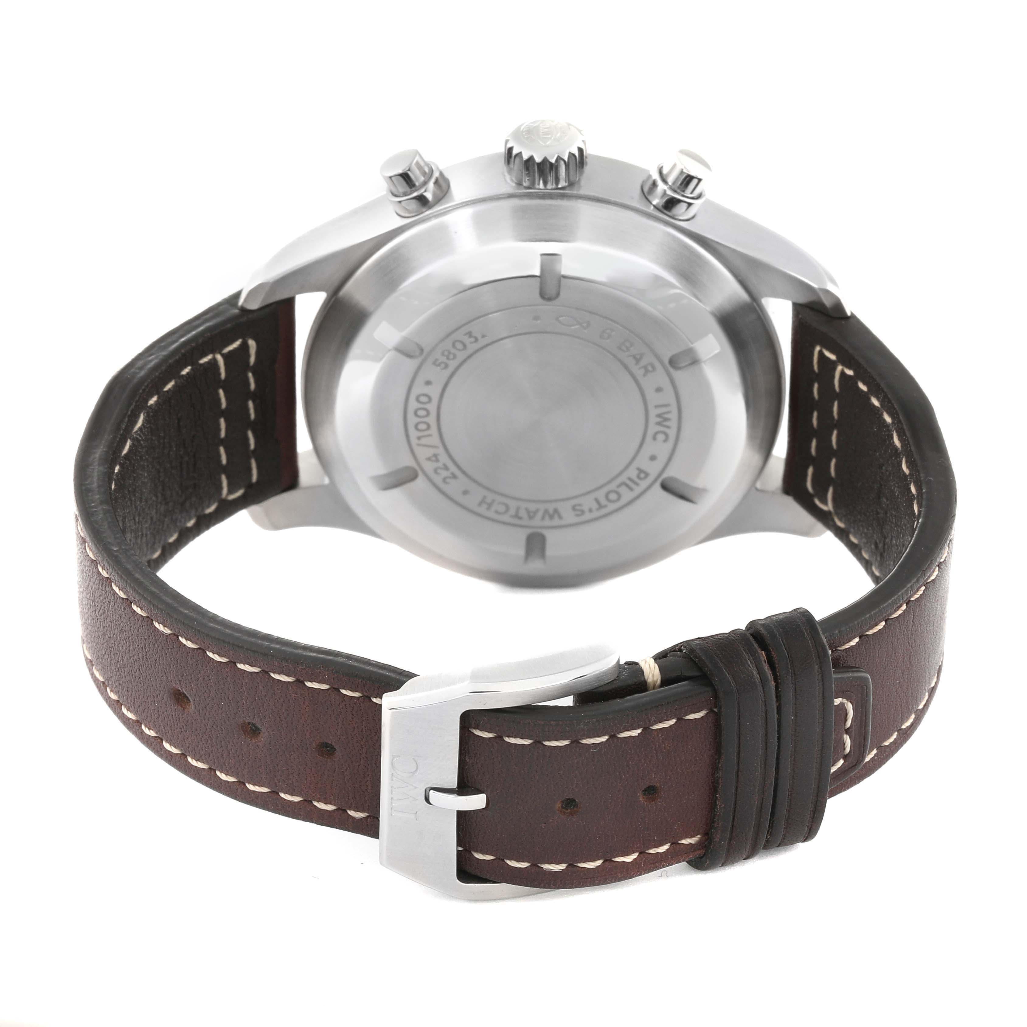 The image shows the back view of the IWC Pilot IW377726 Men's Stainless Steel Green Dial IW377726 Men's Stainless Steel Green Dial model watch, highlighting its case back, crown, pushers, and leather strap.