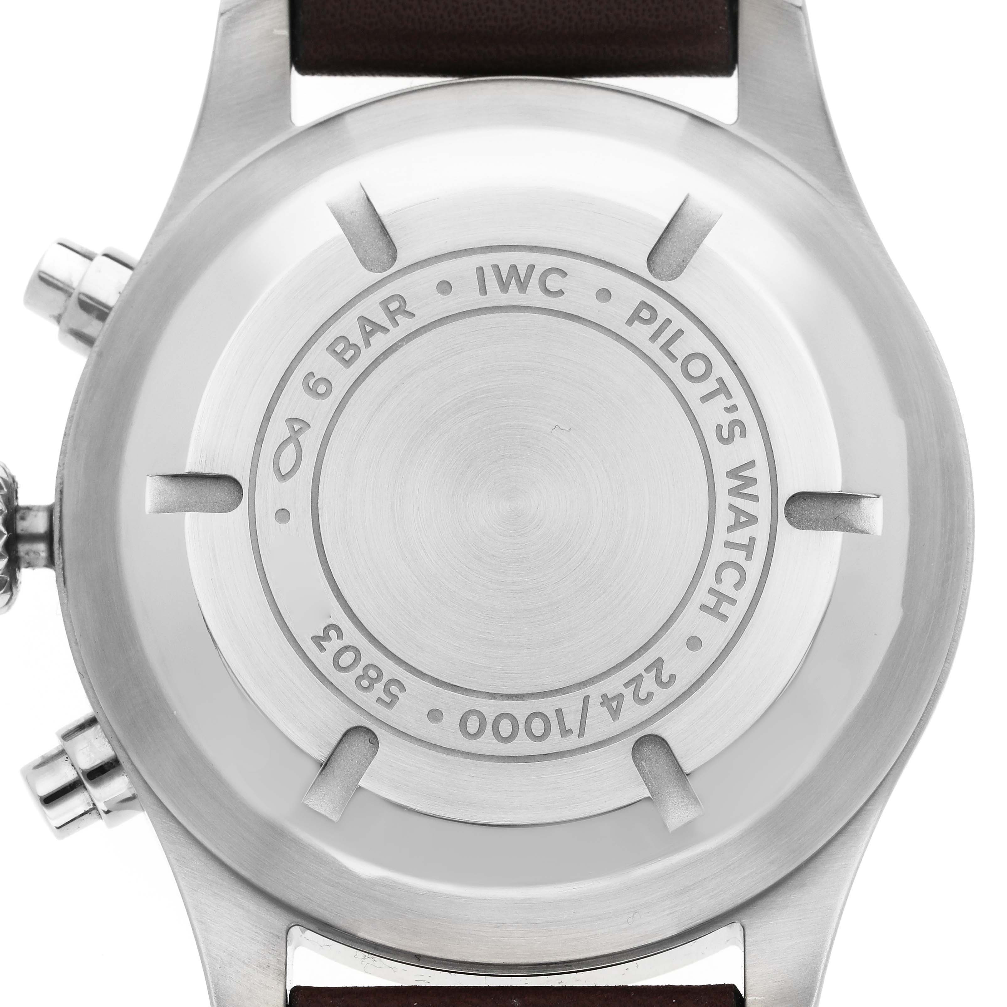 This image shows the back case of an IWC Pilot IW377726 Men's Stainless Steel Green Dial IW377726 Men's Stainless Steel Green Dial model watch, including the engraving and specifications.