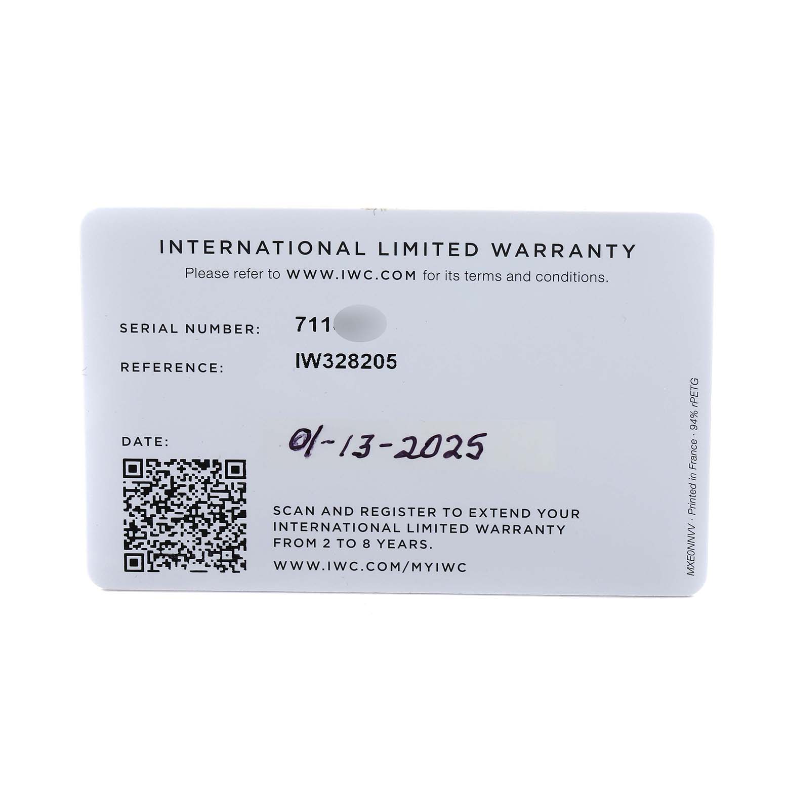 The image shows the international limited warranty card for an IWC Pilot model, model number IW329702.