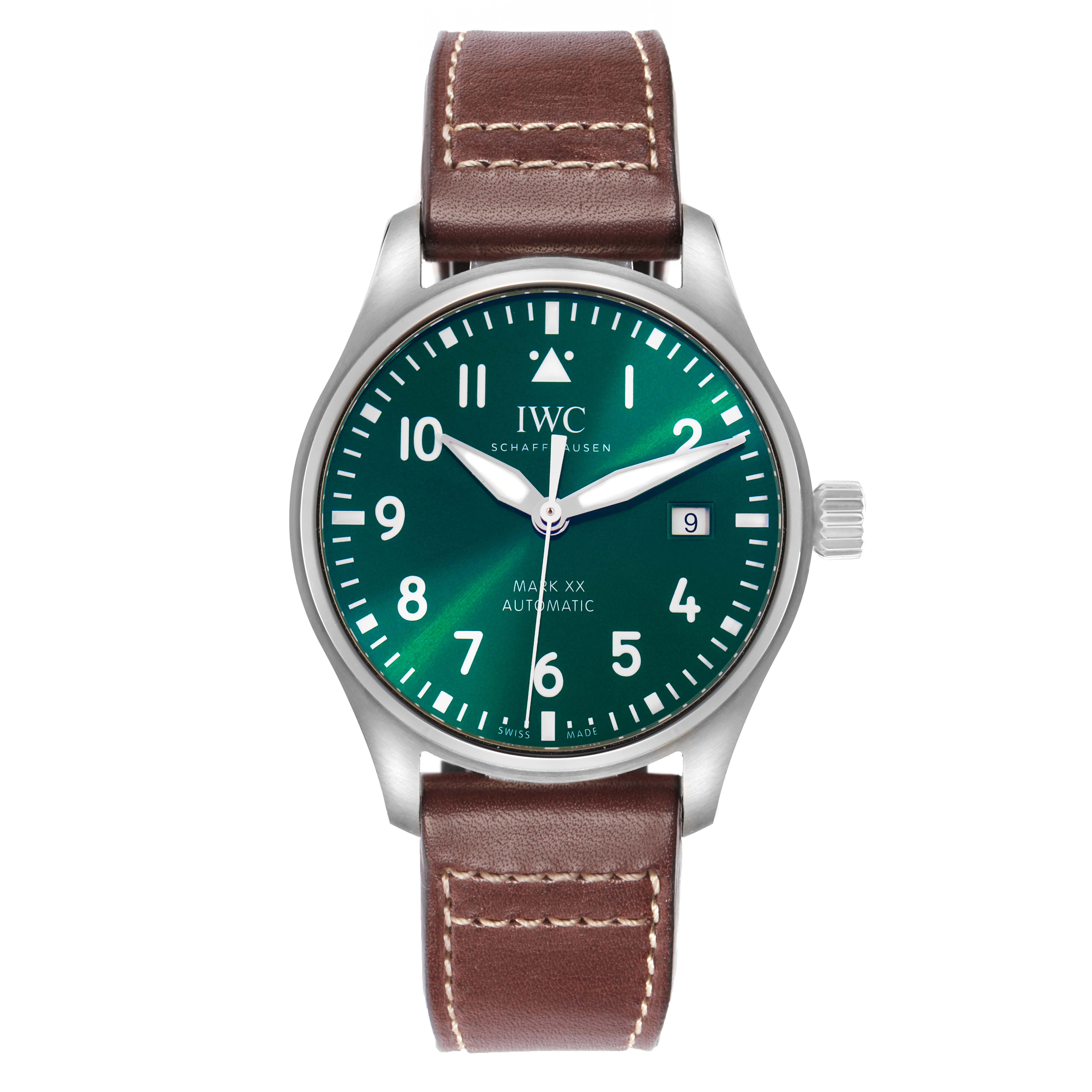 The IWC Pilot model IW329702 watch is shown from a front view, displaying its green dial, brown leather strap, and stainless steel case.