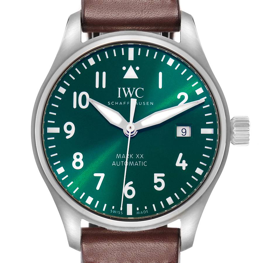 The IWC Pilot Mark XX IW329702 watch is shown from the front, displaying its green dial, numeral hour markers, and brown leather strap.