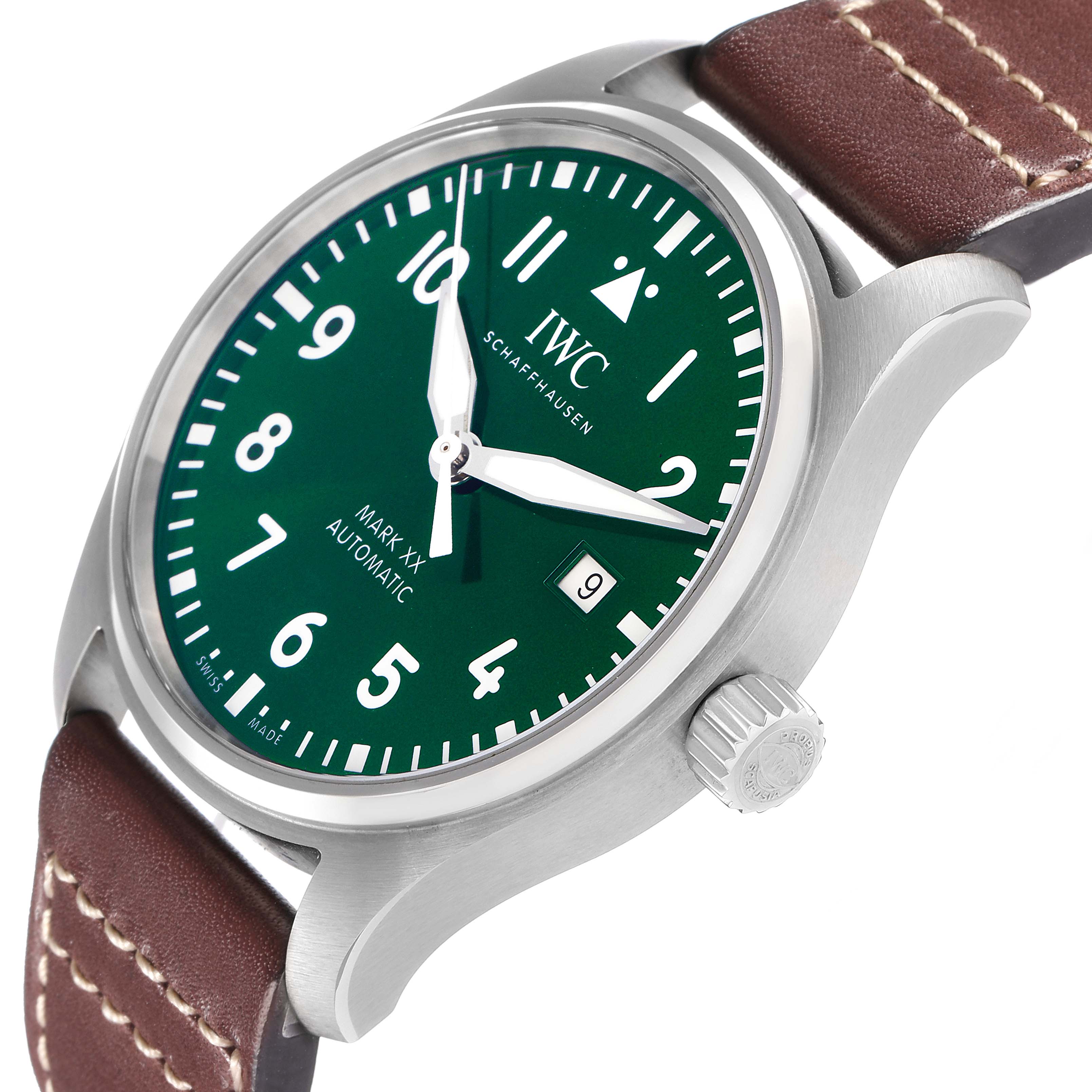 The IWC Pilot model IW329702 watch is shown at an oblique angle, highlighting the green dial, white numerals, hour markers, and crown; the brown leather strap is also visible.