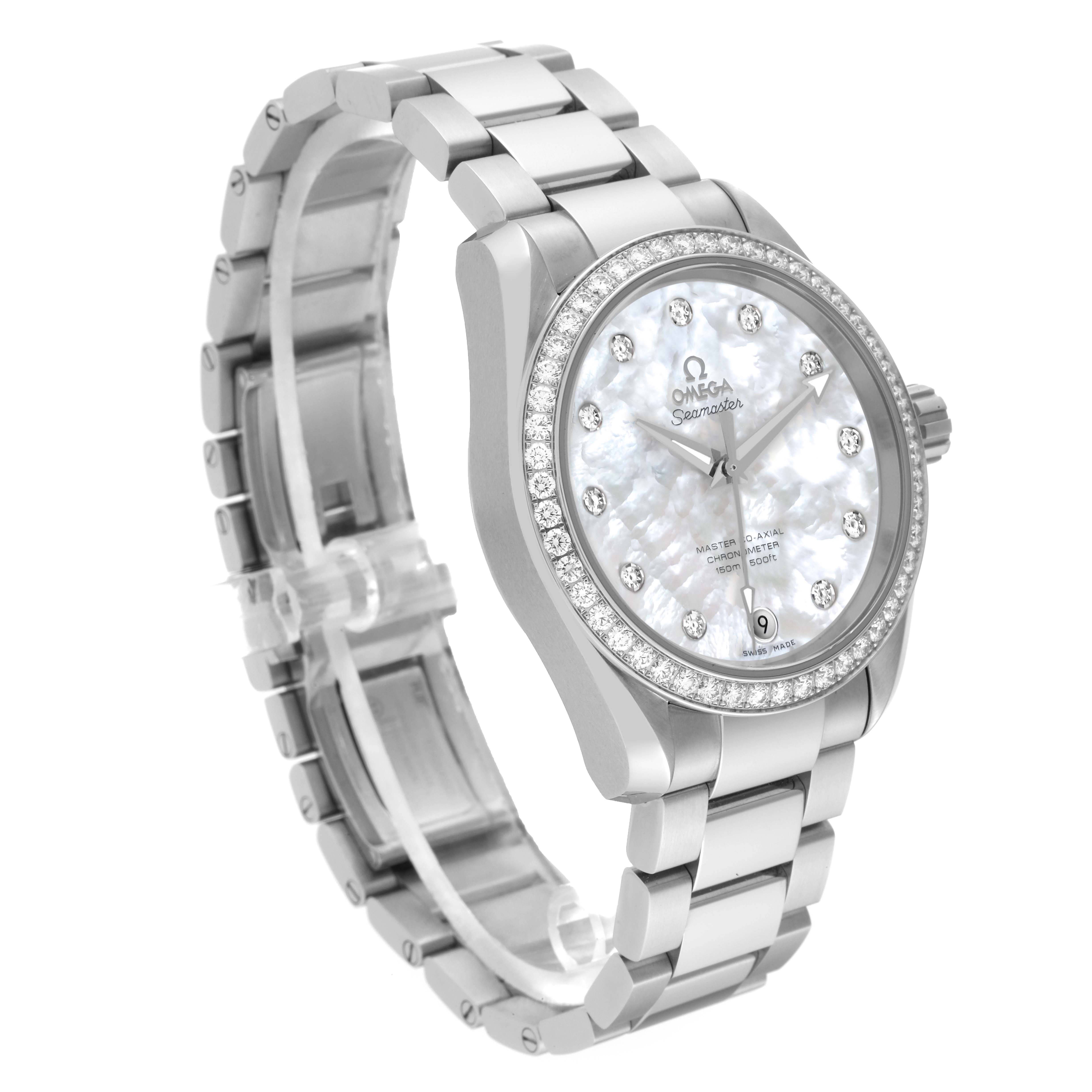 The Omega Aqua Terra 231.15.39.21.55.001 Men's Stainless Steel Mother of Pearl Dial 231.15.39.21.55.001 Men's Stainless Steel Mother of Pearl Dial watch is shown at a three-quarter angle, highlighting the face, bracelet, and bezel with diamond accents.