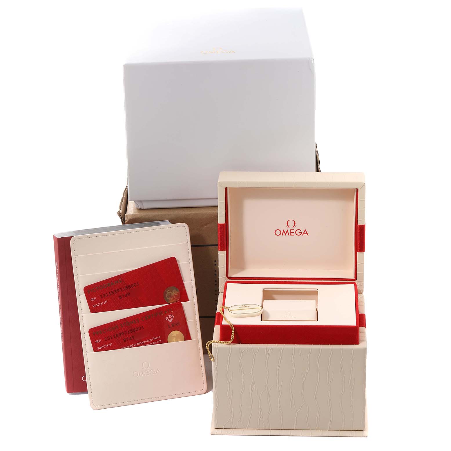 This image shows the packaging, cards, and accessories for the Omega Aqua Terra 231.15.39.21.55.001 Men's Stainless Steel Mother of Pearl Dial 231.15.39.21.55.001 Men's Stainless Steel Mother of Pearl Dial watch model.